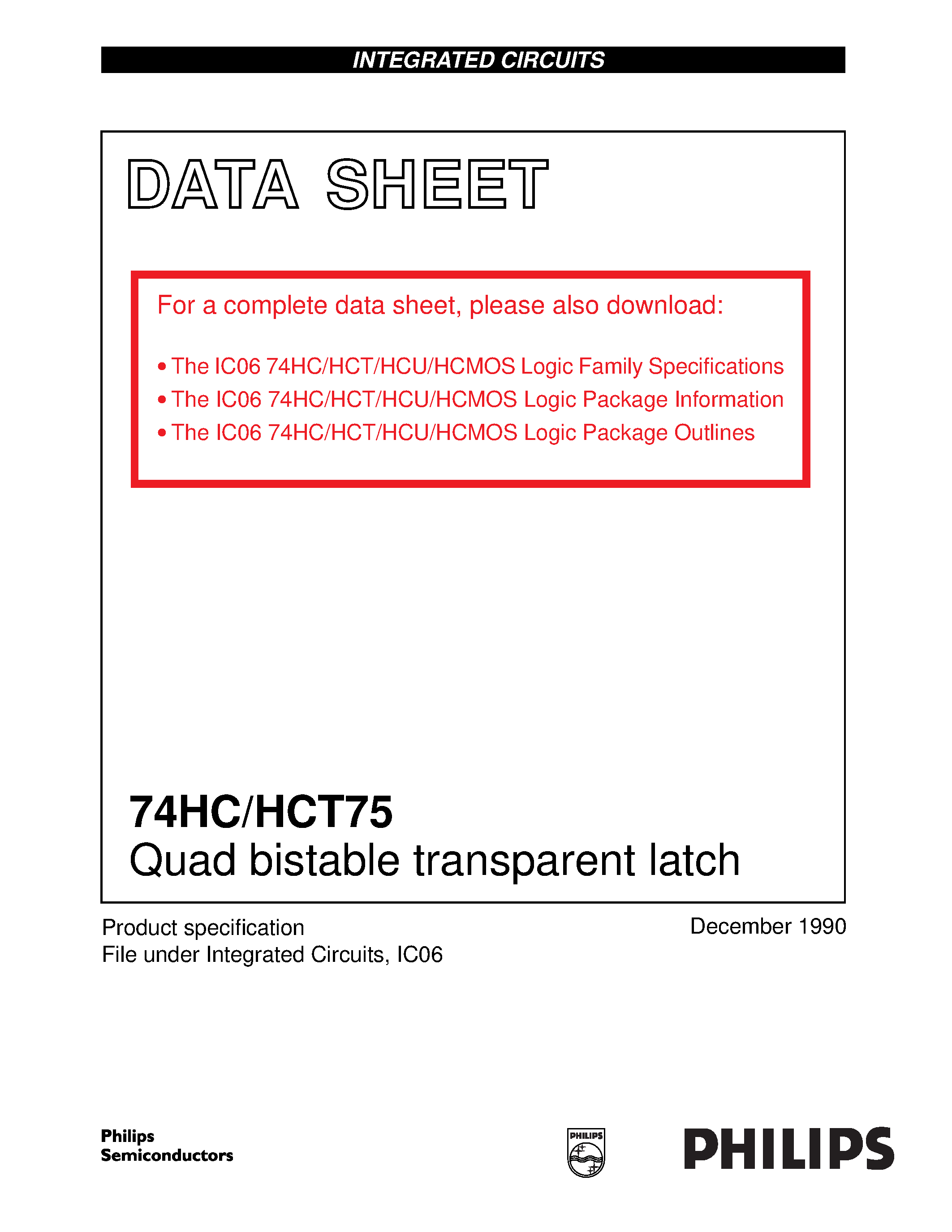 Даташит 74HCT75 - Quad bistable transparent latch страница 1