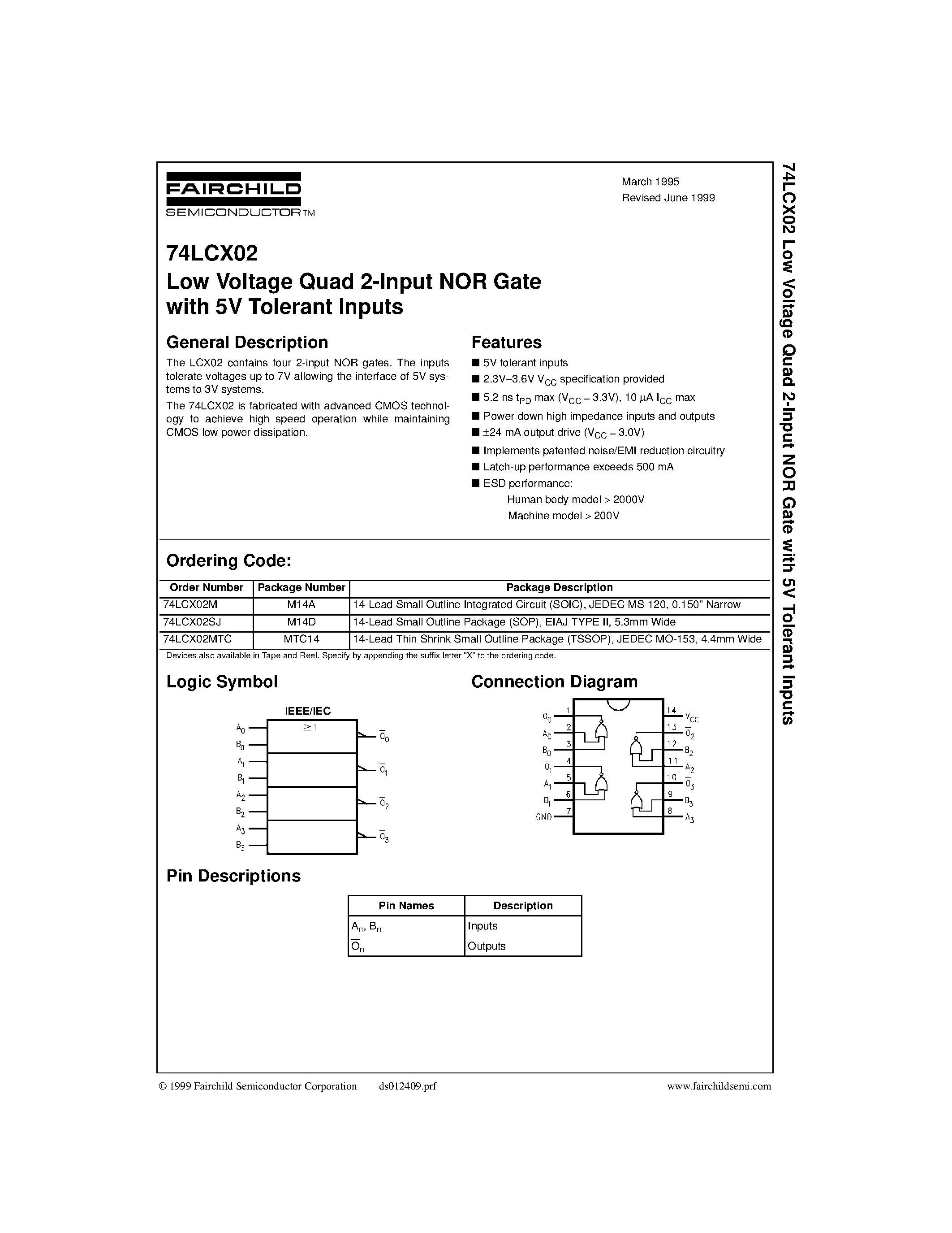 Даташит 74LCX02MTC - Low Voltage Quad 2-Input NOR Gate страница 1
