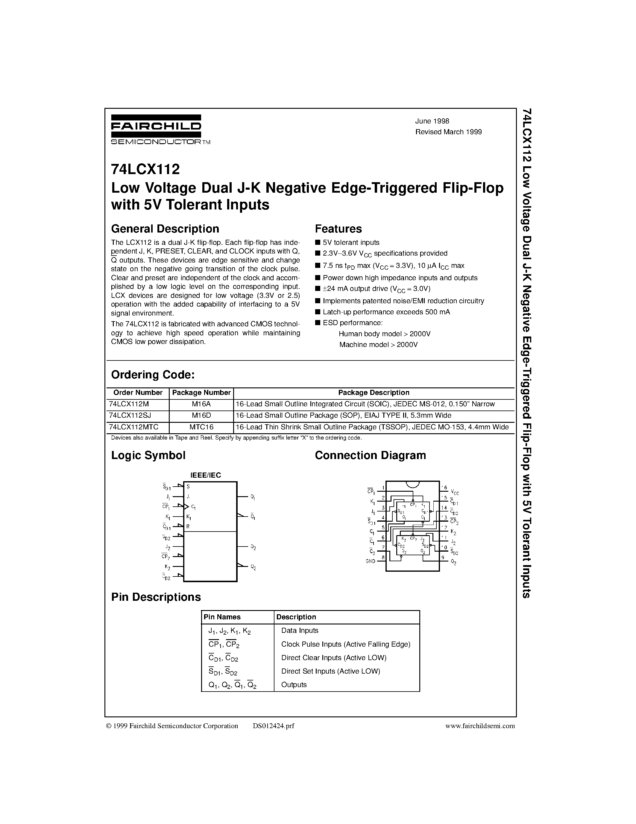 Даташит 74LCX112 - Low Voltage Dual J-K Negative Edge-Triggered Flip-Flop with 5V Tolerant Inputs страница 1