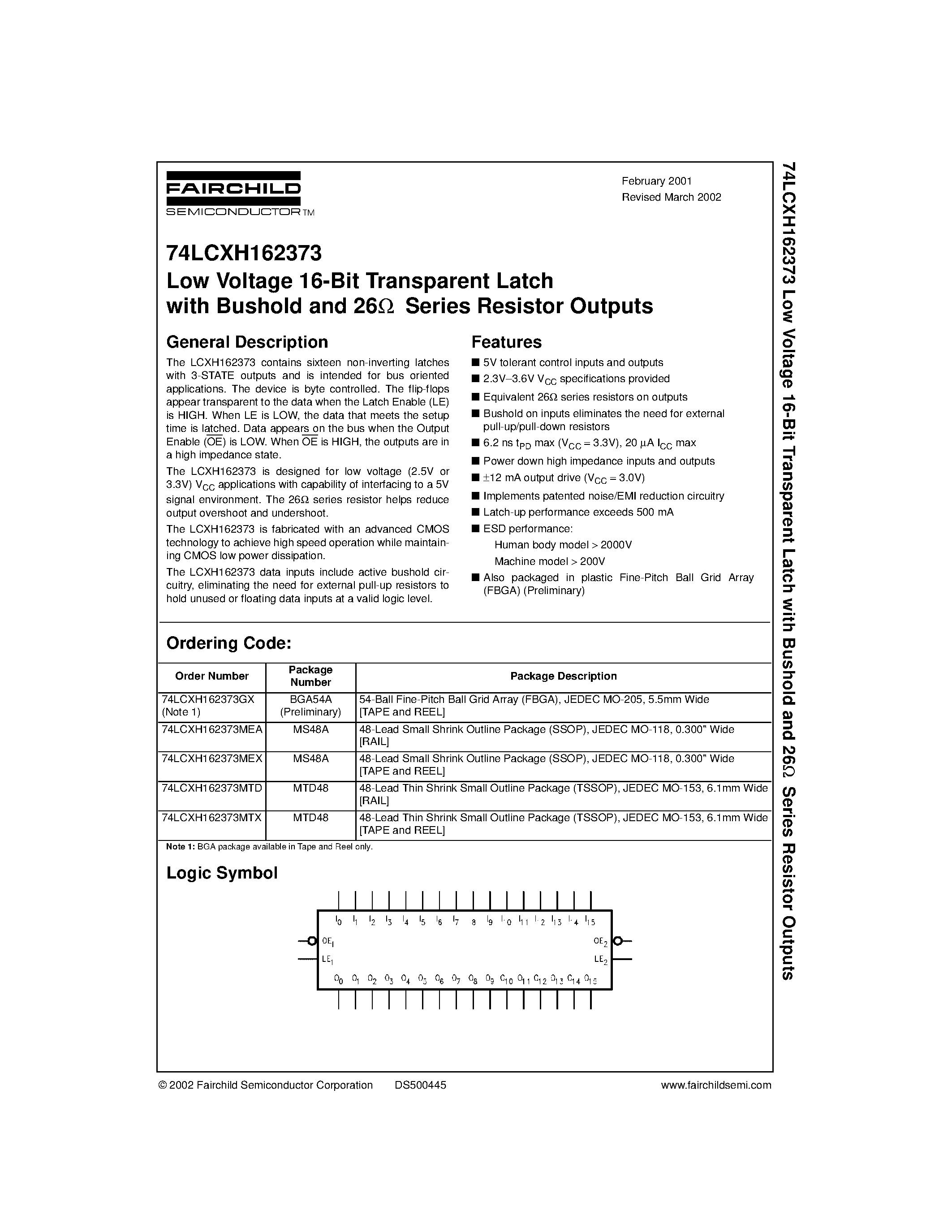 Datasheet 74LCXH162373MTD - Low Voltage 16-Bit Transparent Latch with Bushold and 26 Series Resistor Outputs page 1
