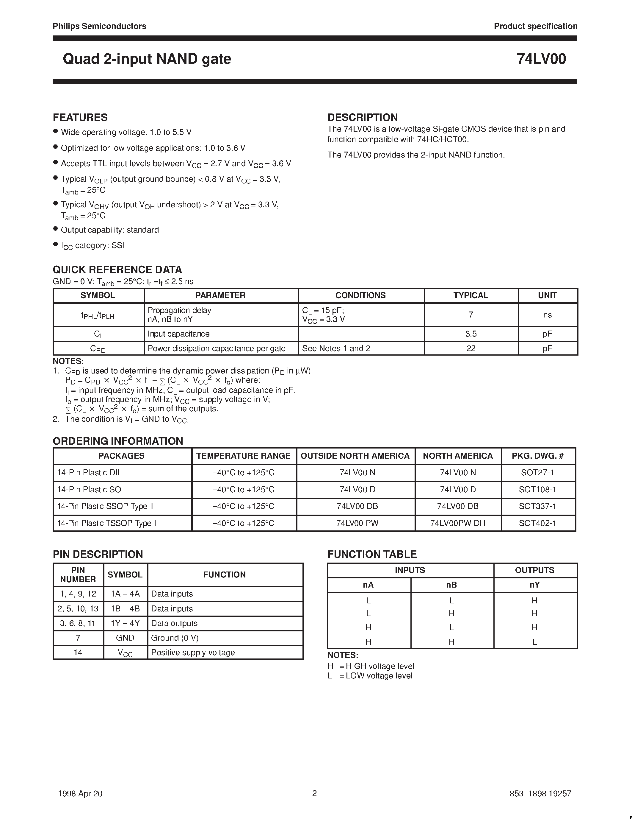 Datasheet 74LV00 - Quad 2-input NAND gate page 2