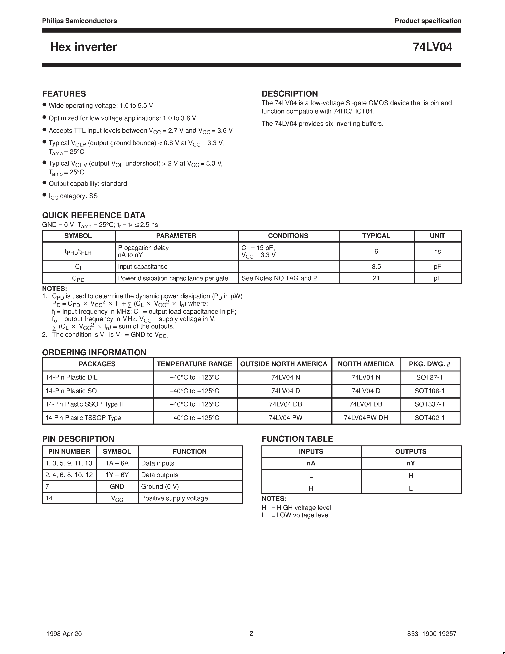 Datasheet 74LV04 - Hex inverter page 2