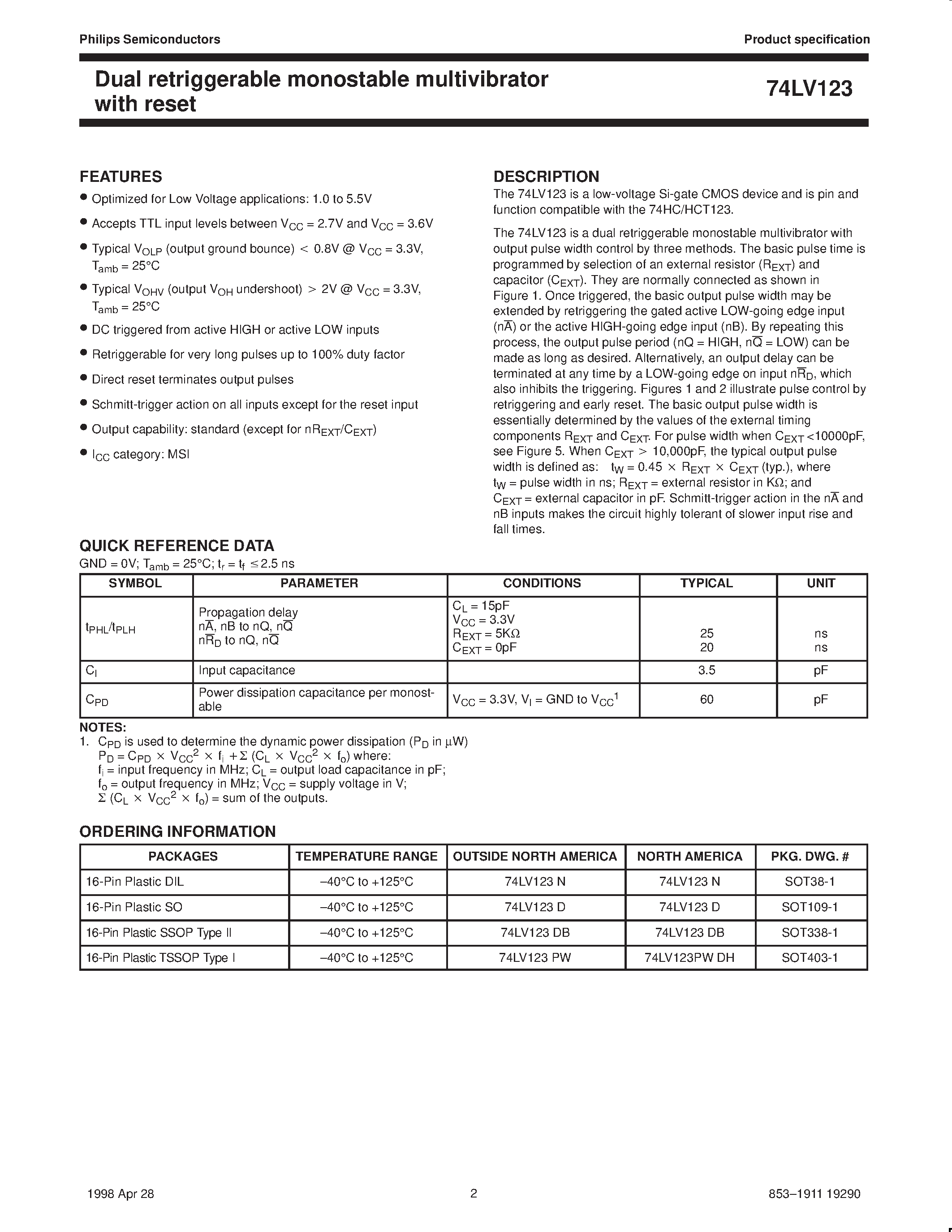 Datasheet 74LV123 - Dual retriggerable monostable multivibrator with reset page 2