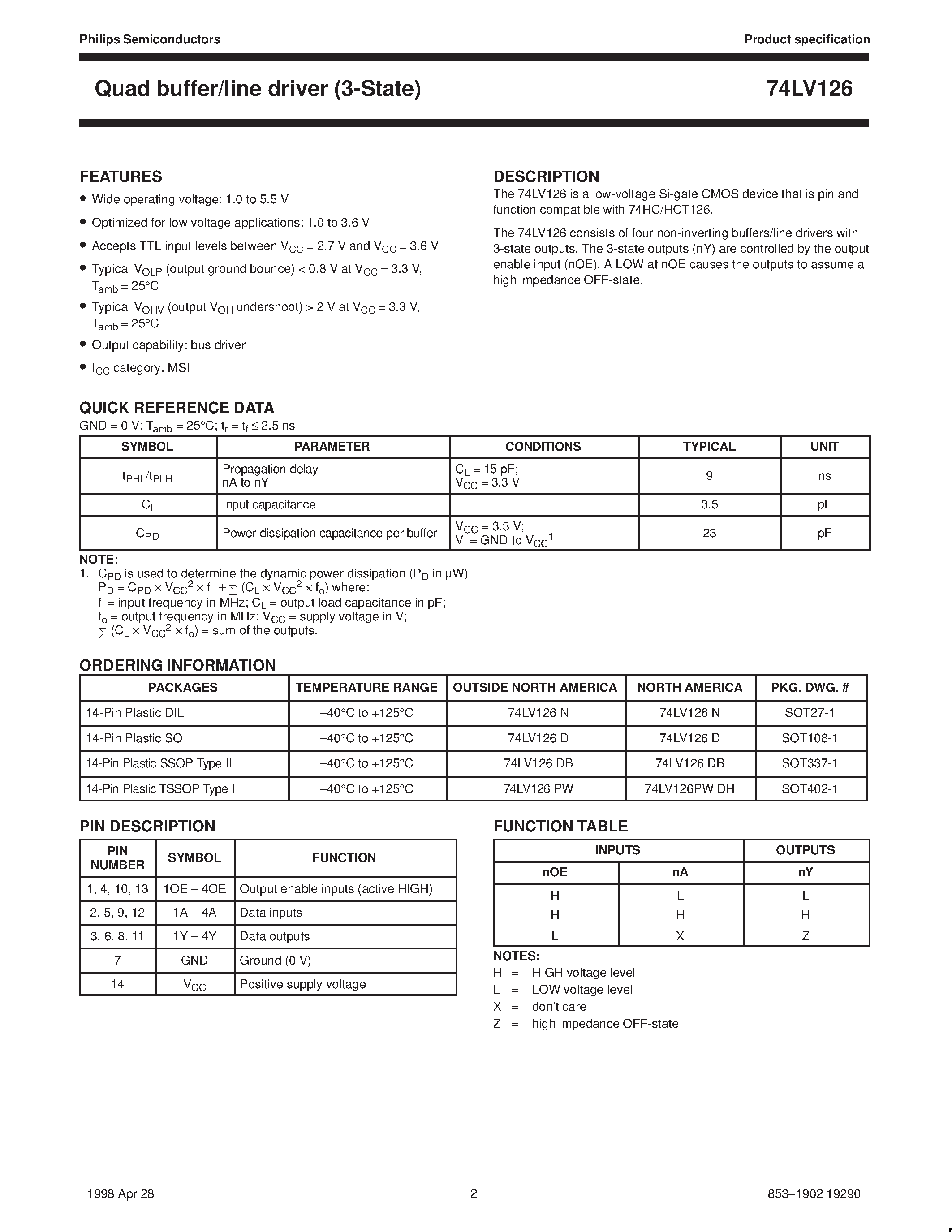 Datasheet 74LV126 - Quad buffer/line driver 3-State page 2