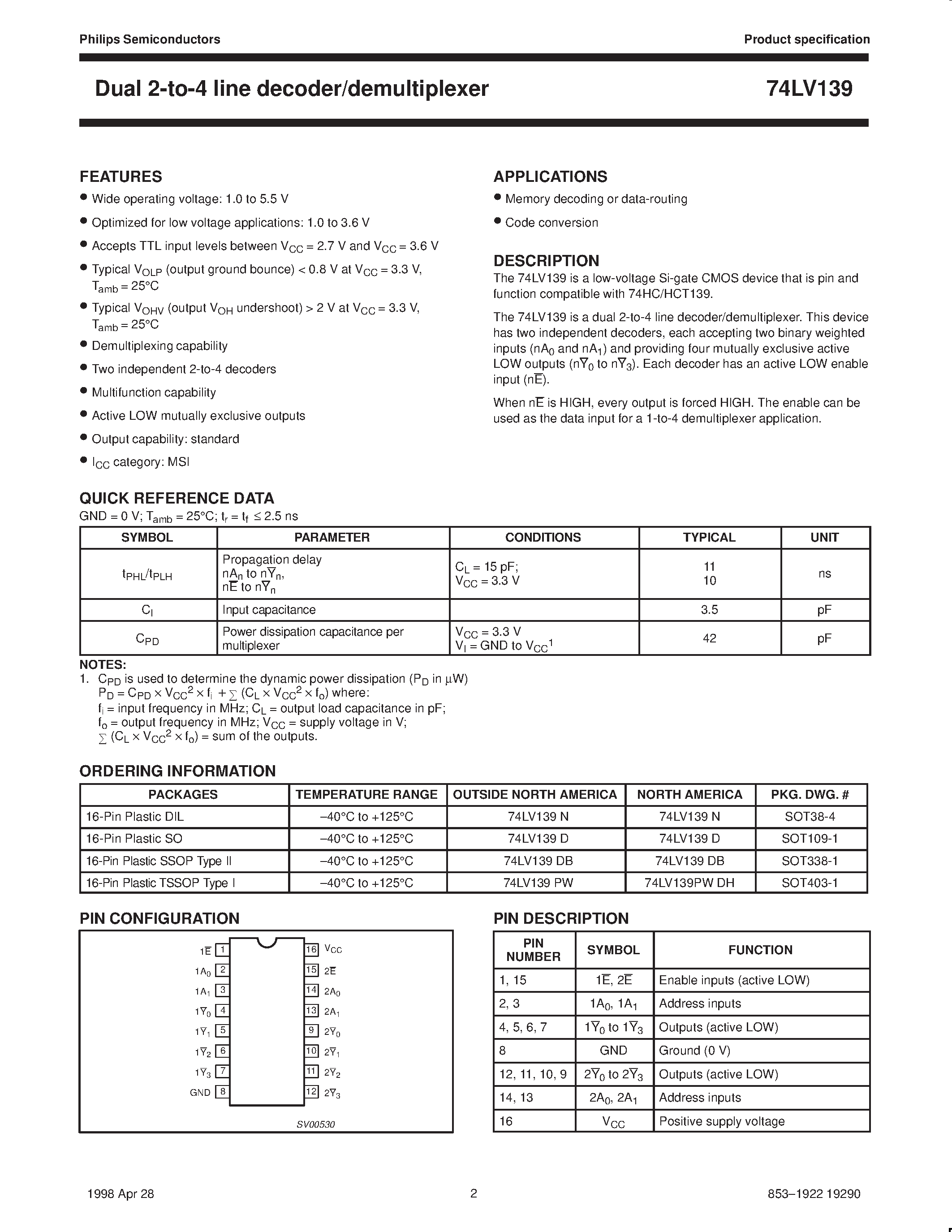 Datasheet 74LV139 - Dual 2-to-4 line decoder/demultiplexer page 2