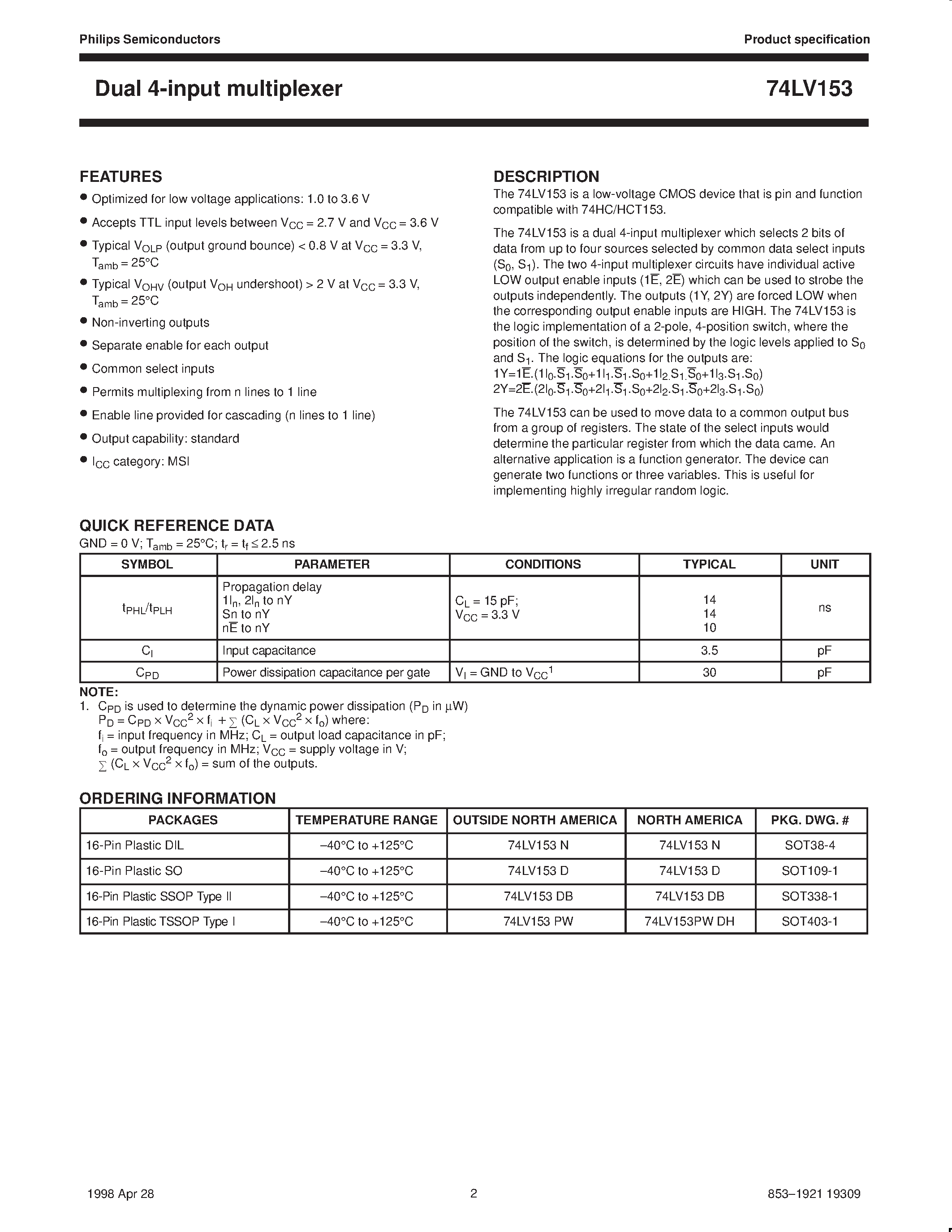 Datasheet 74LV153 - Dual 4-input multiplexer page 2