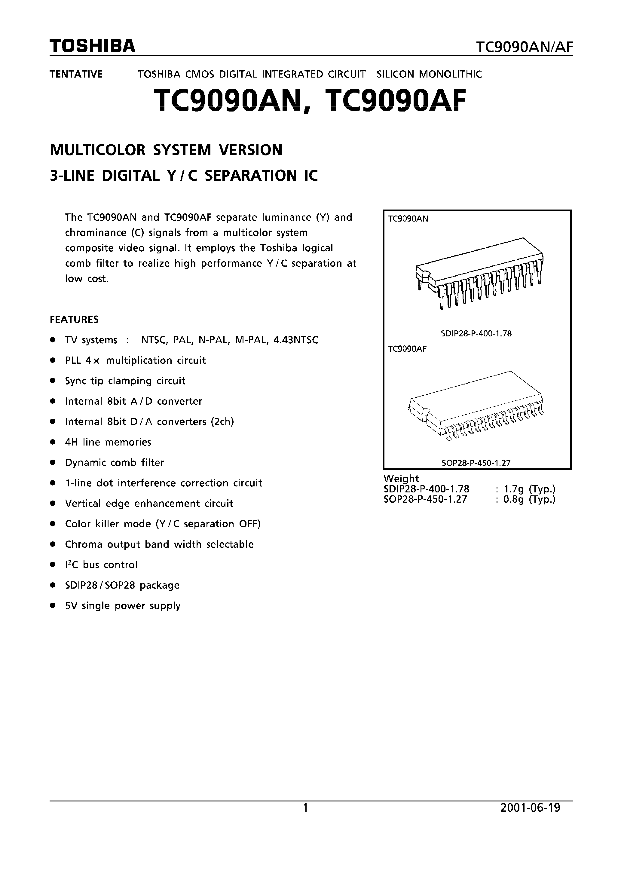 Datasheet TC9090AN - MULTICOLOR SYSTEM VERSION 3 LINE DIGITAL Y/C SEPARATION IC page 1