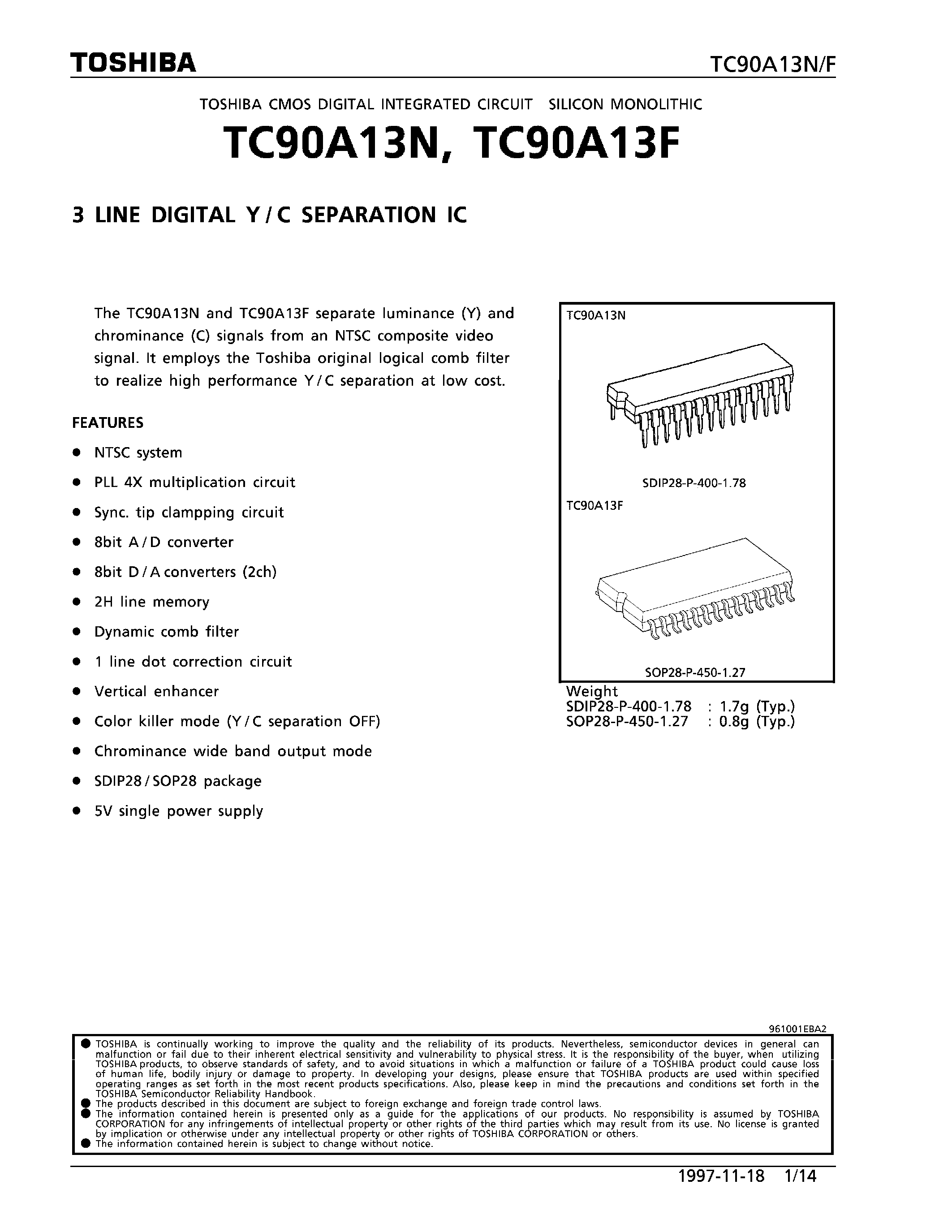 Datasheet TC90A13F - 3 LINE DIGITAL Y/C SEPARATION IC page 1