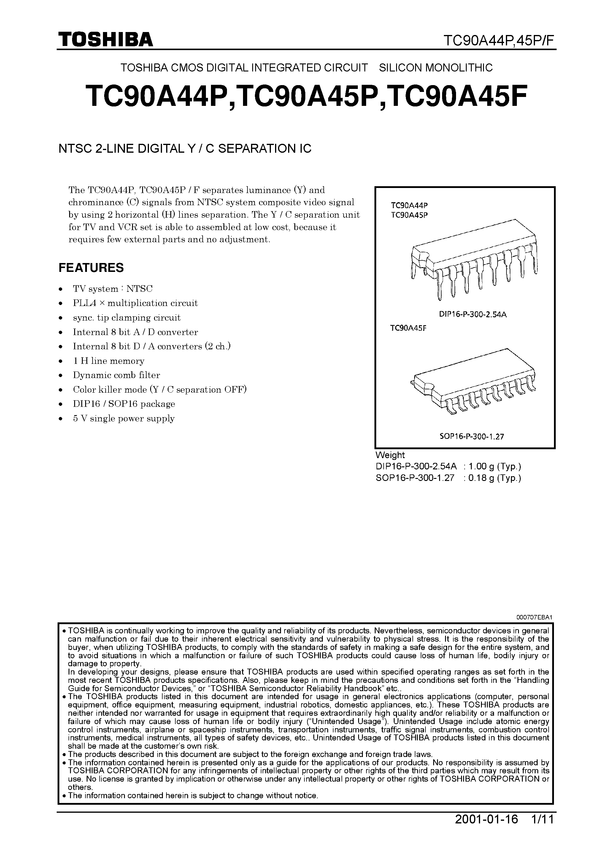 Datasheet TC90A44P - NTSC 2-LINE DIGITAL Y / C SEPARATION IC page 1