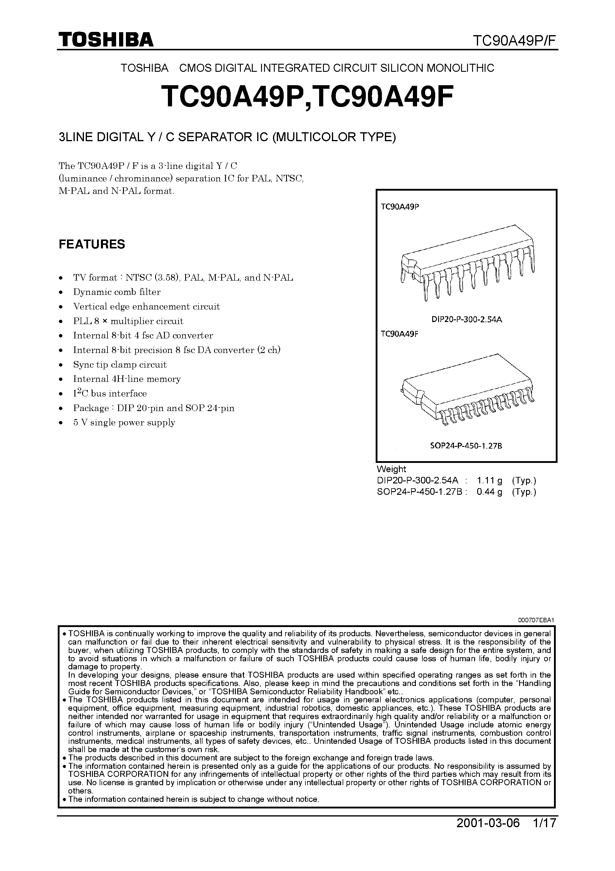Datasheet TC90A49F - 3LINE DIGITAL Y / C SEPARATOR IC (MULTICOLOR TYPE) page 1