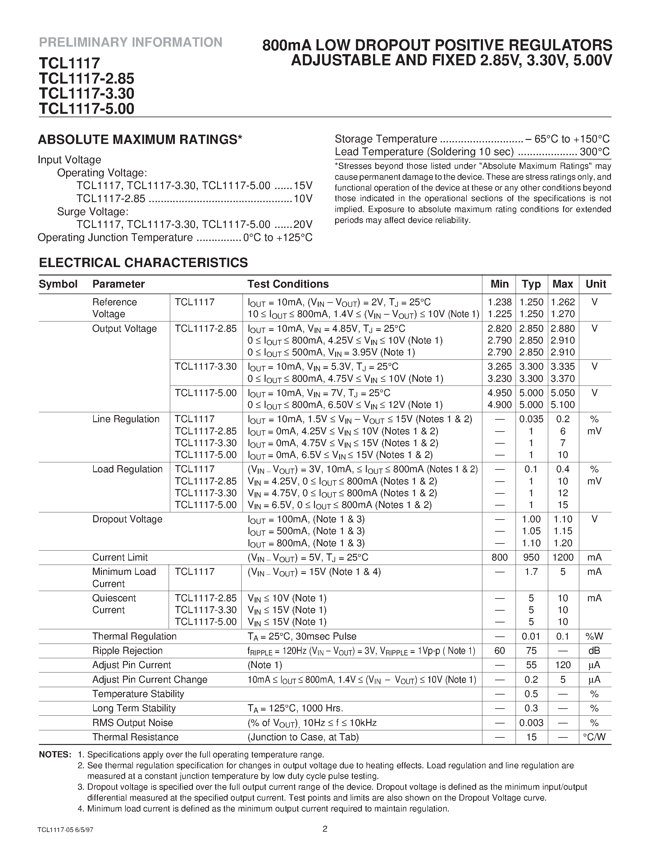 Datasheet TCL1117-5.00CDB - 800mA LOW DROPOUT POSITIVE REGULATORS ADJUSTABLE AND FIXED 2.85V/ 3.30V/ 5.00V page 2