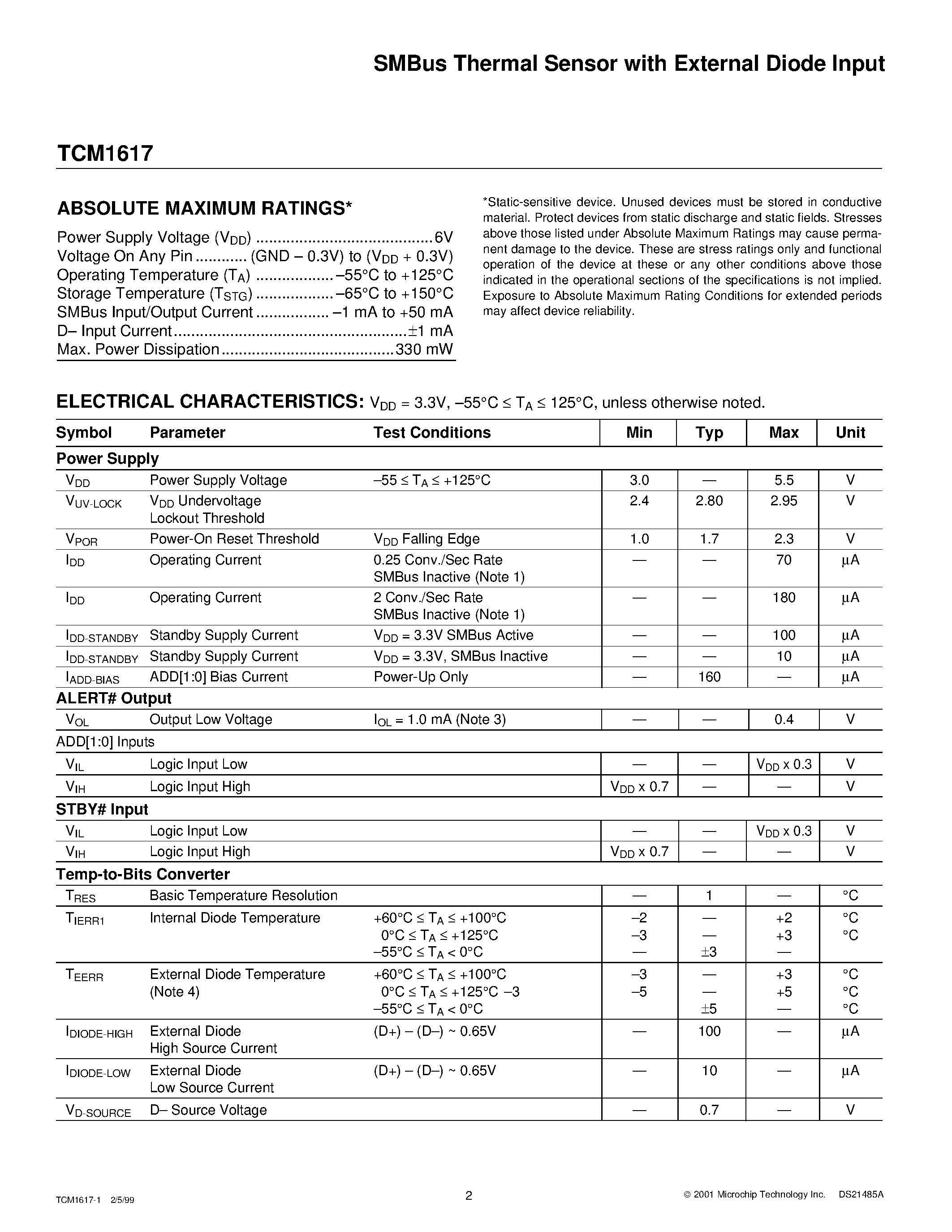 Datasheet TCM1617 - SMBus Thermal Sensor with External Diode Input page 2