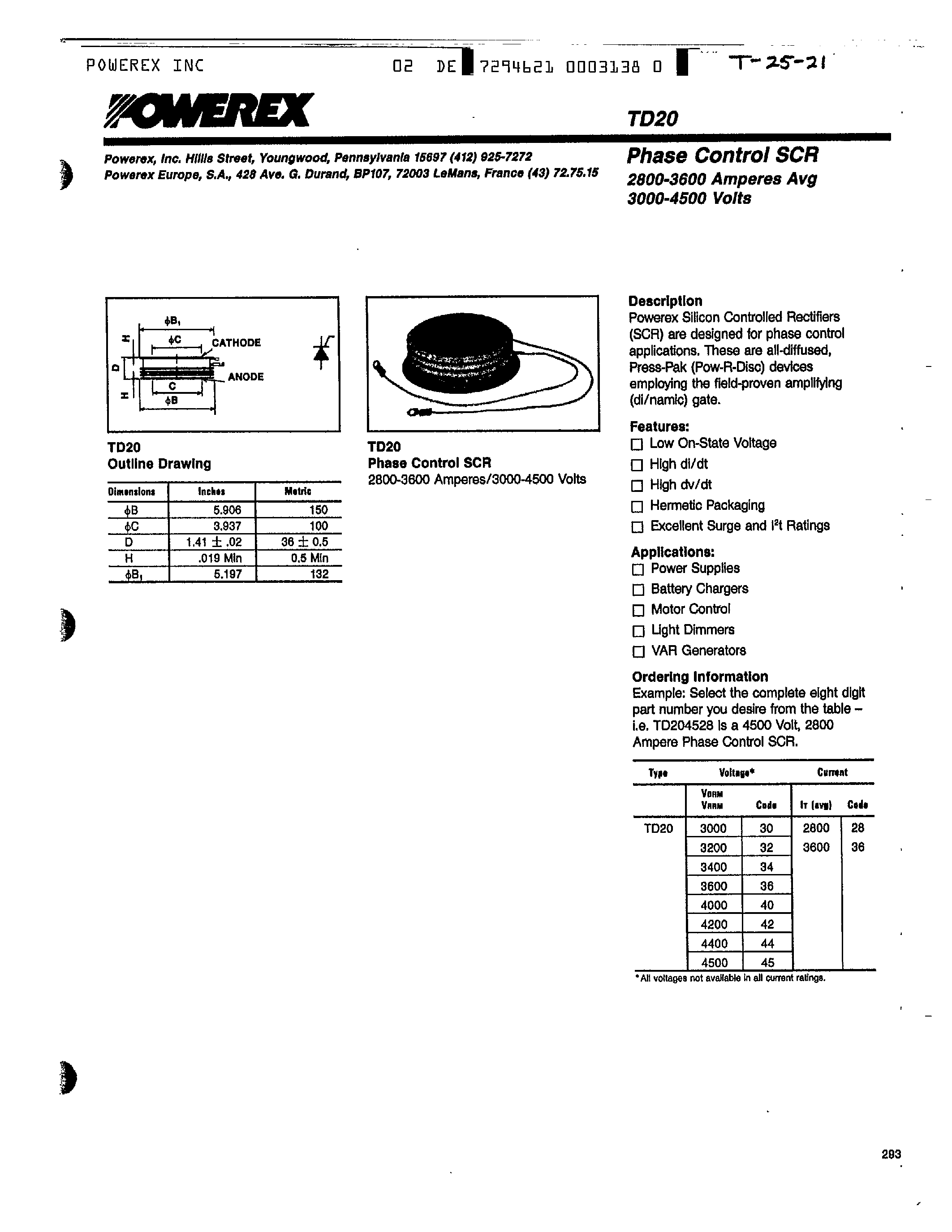 Datasheet TD20 - Phase Control SCR (2800-3600 Amperes Avg 3000-4500 Volts) page 1