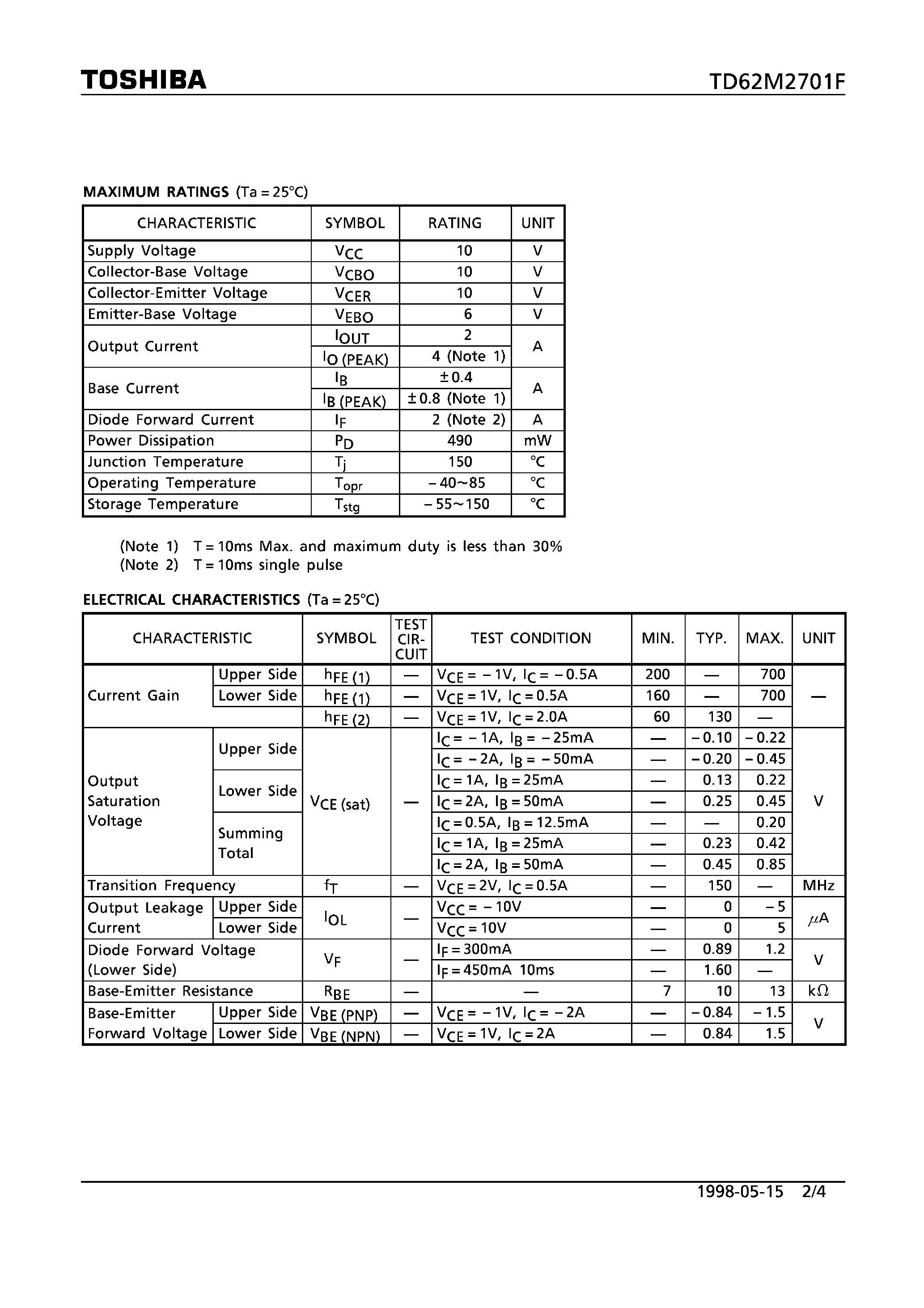 Datasheet TD62M2701F - LOW SATURATION VOLTAGE H-BRIDGE DRIVER page 2