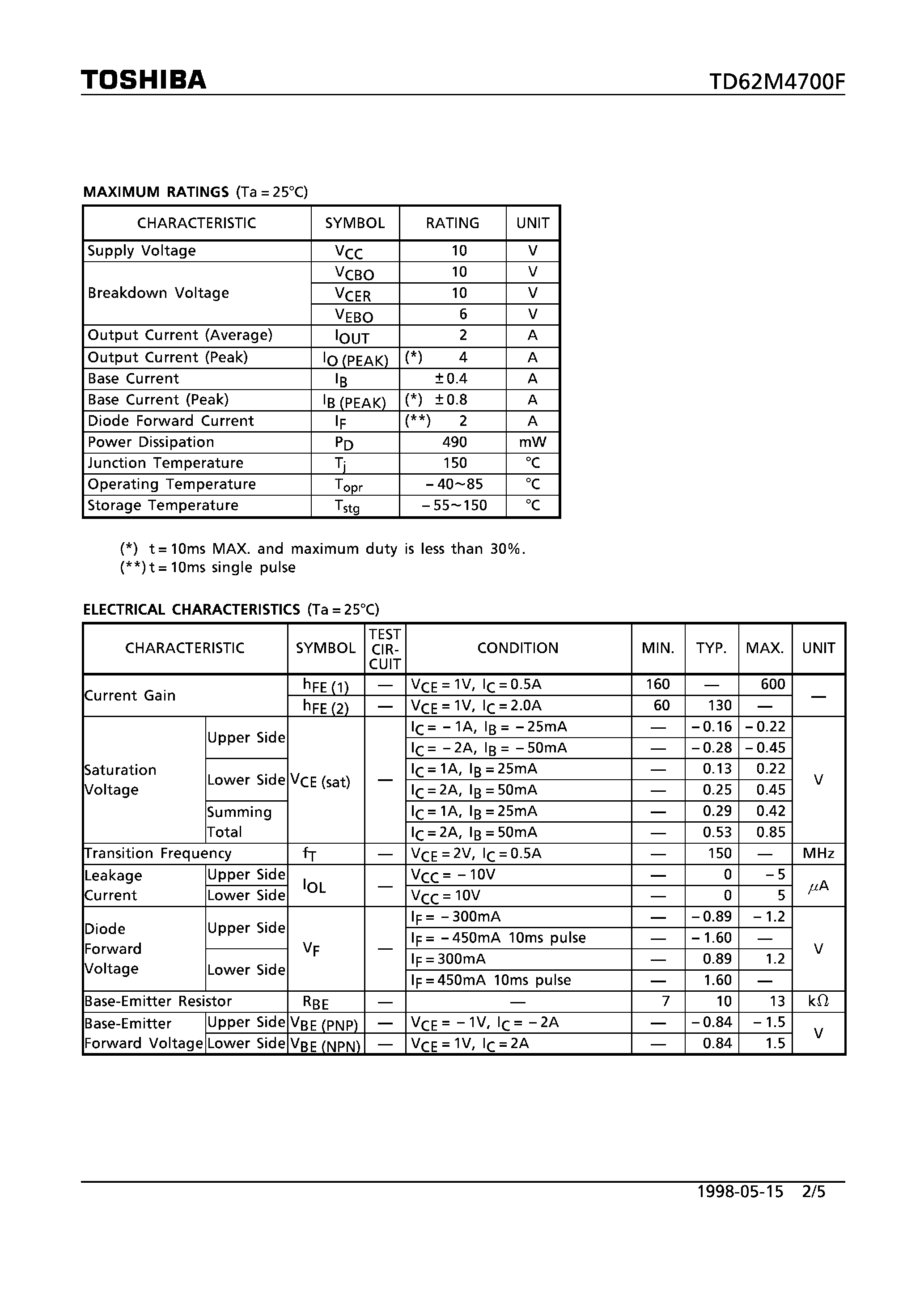 Datasheet TD62M4700F - EXCELLENT LOW SATURATION H-BRIDGE DRIVER page 2