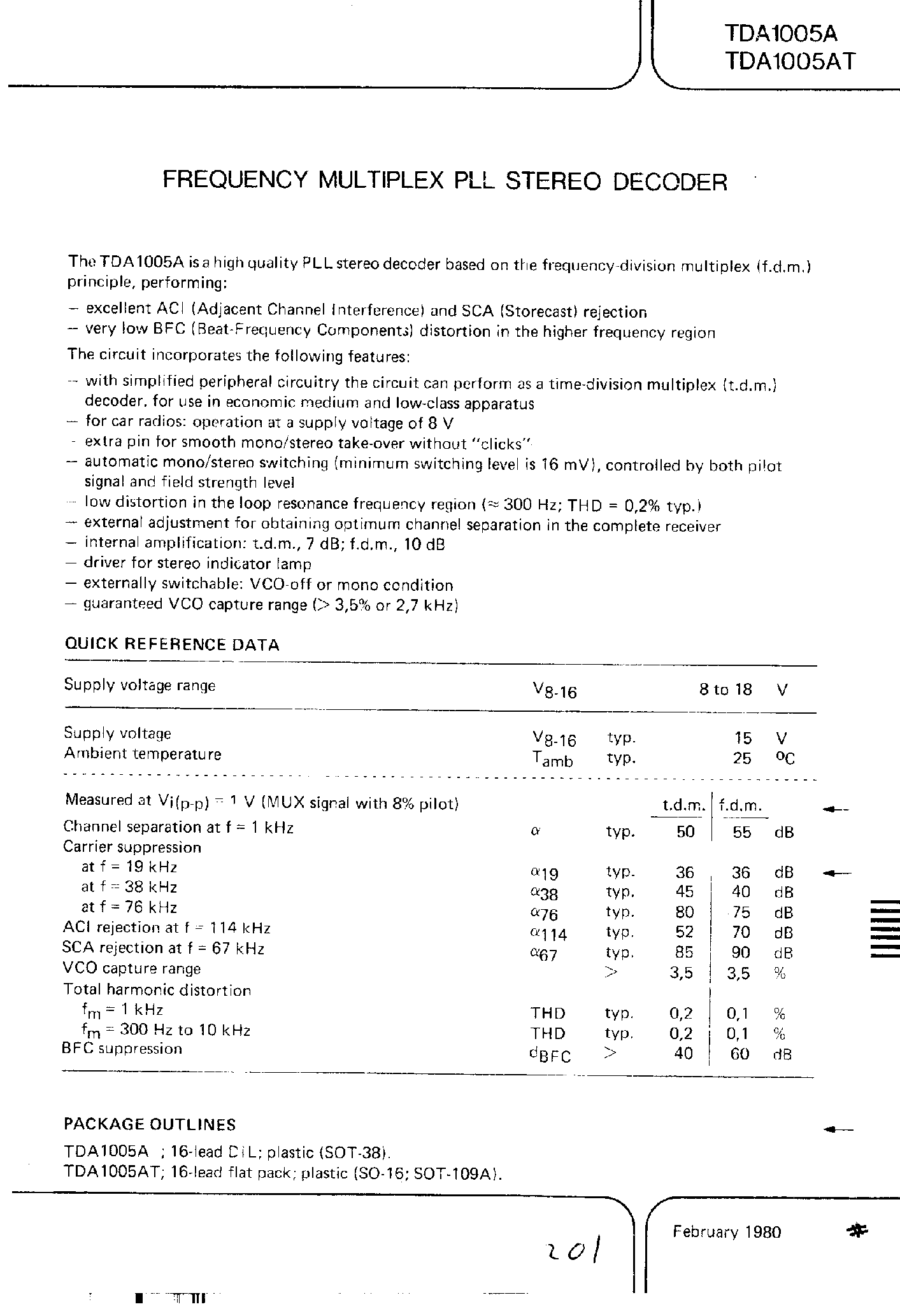 Datasheet TDA1005AT - FREQUENCY MULTIPLEX PLL STEREO DECODER page 1