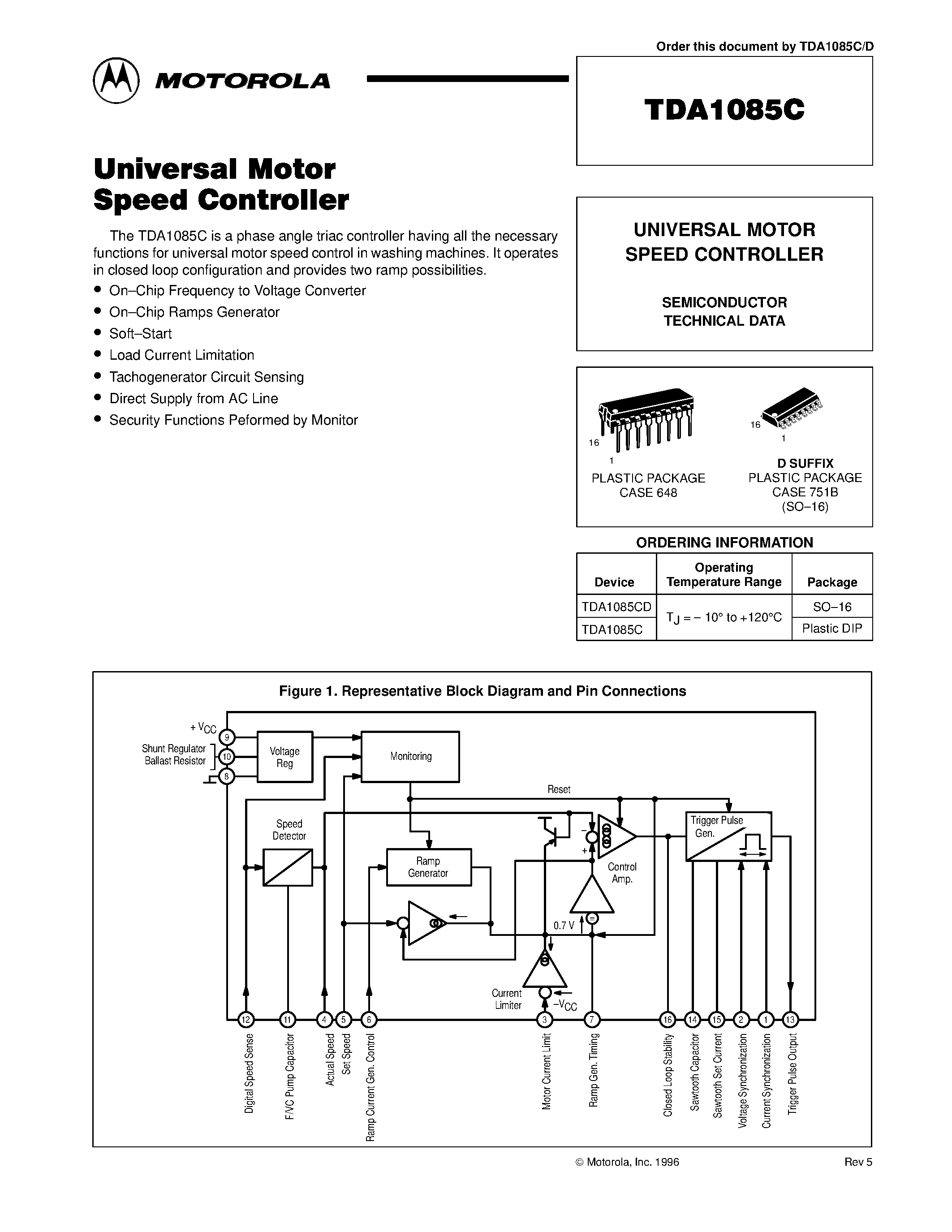 Datasheet TDA1085 - UNIVERSAL MOTOR SPEED CONTROLLER page 1