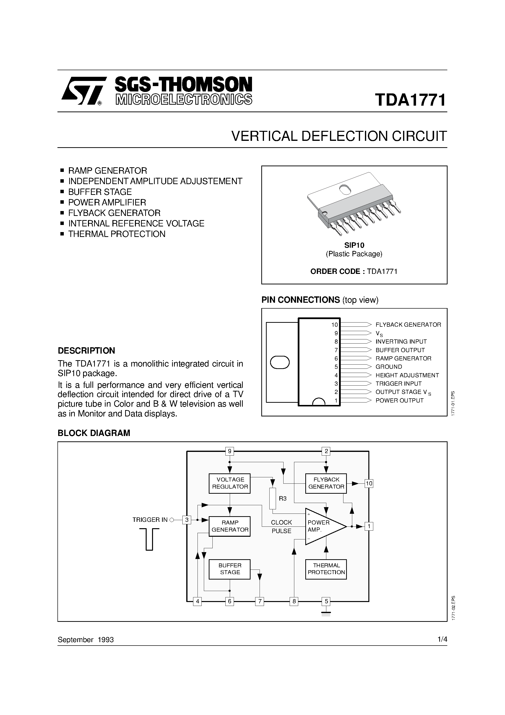 Datasheet TDA1771 - VERTICAL DEFLECTION CIRCUIT page 1