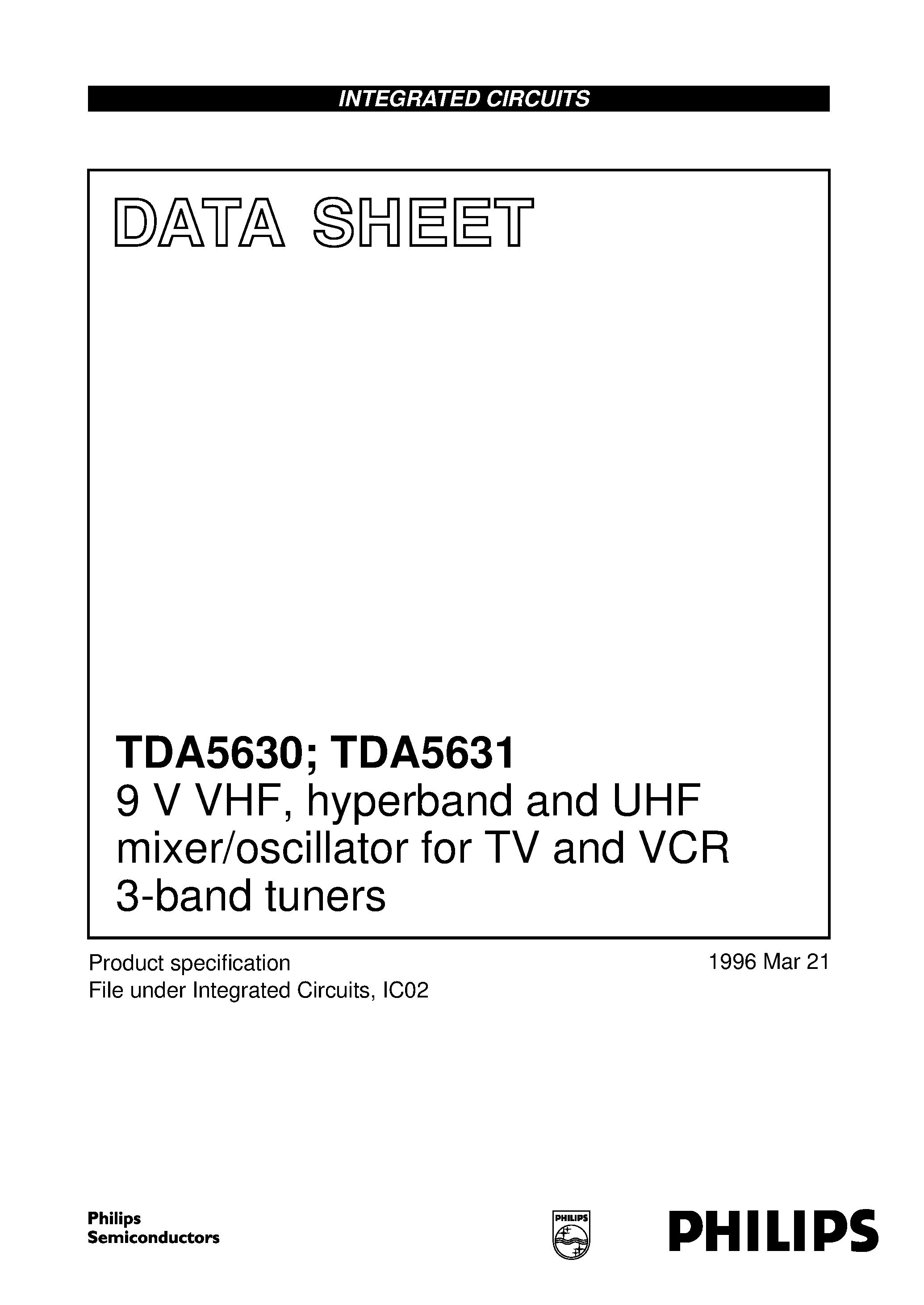 Datasheet TDA5630 - 9 V VHF/ hyperband and UHF mixer/oscillator for TV and VCR 3-band tuners page 1