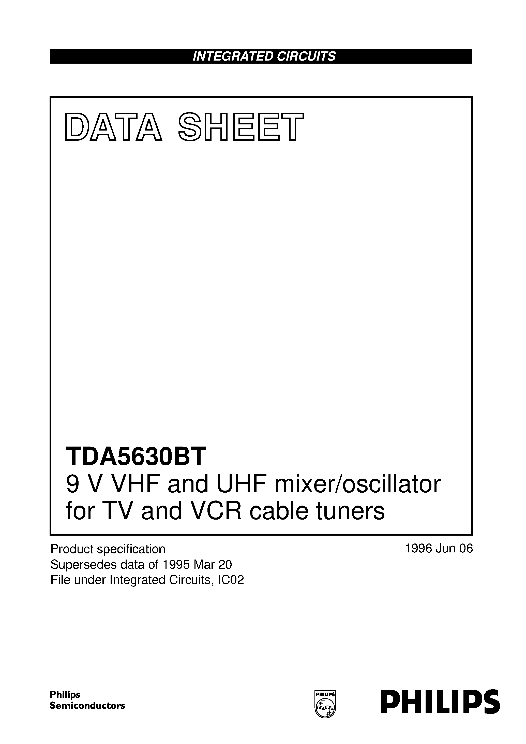 Даташит TDA5630BT - 9 V VHF and UHF mixer/oscillator for TV and VCR cable tuners страница 1