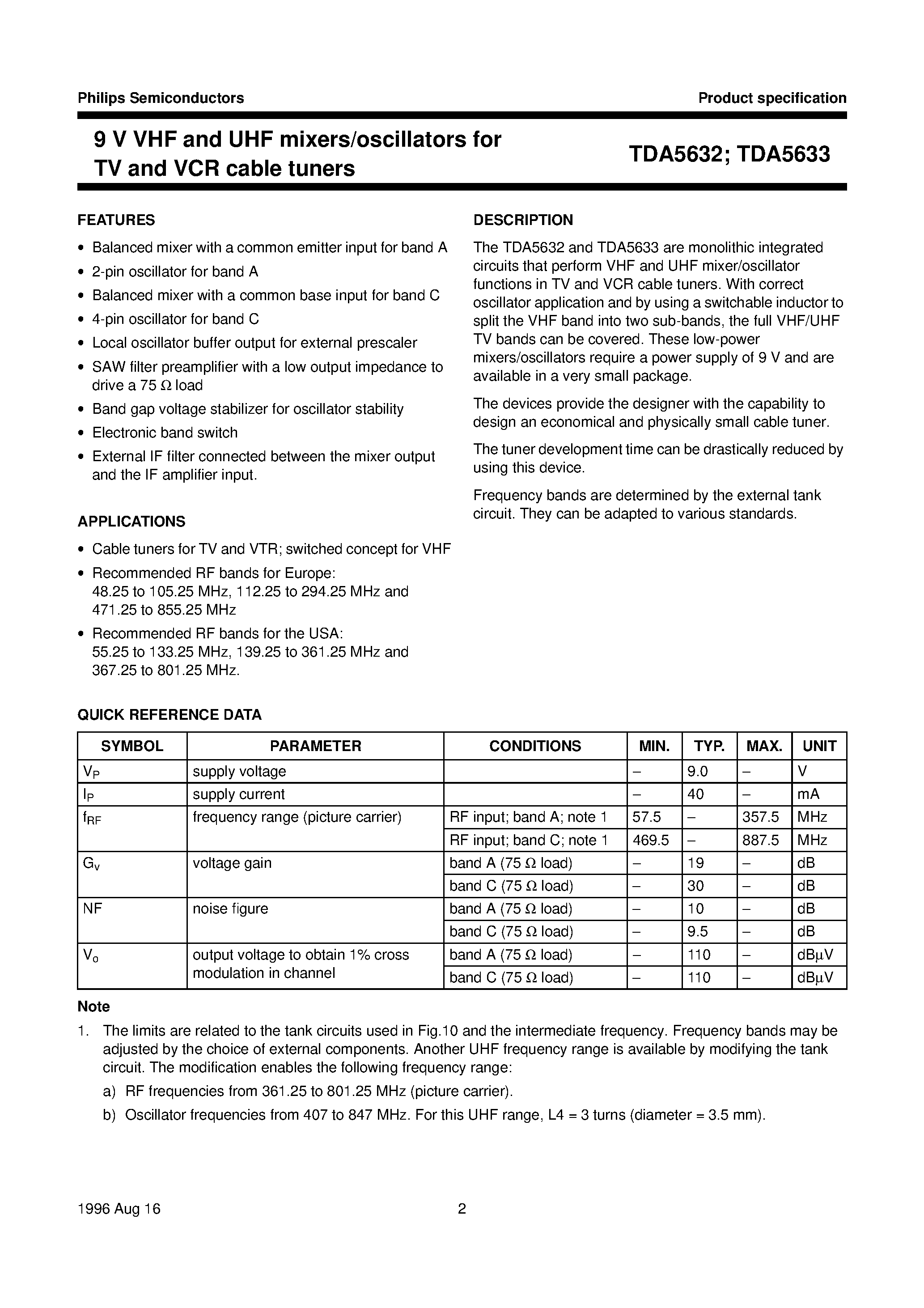 Datasheet TDA5632 - 9 V VHF and UHF mixers/oscillators for TV and VCR cable tuners page 2