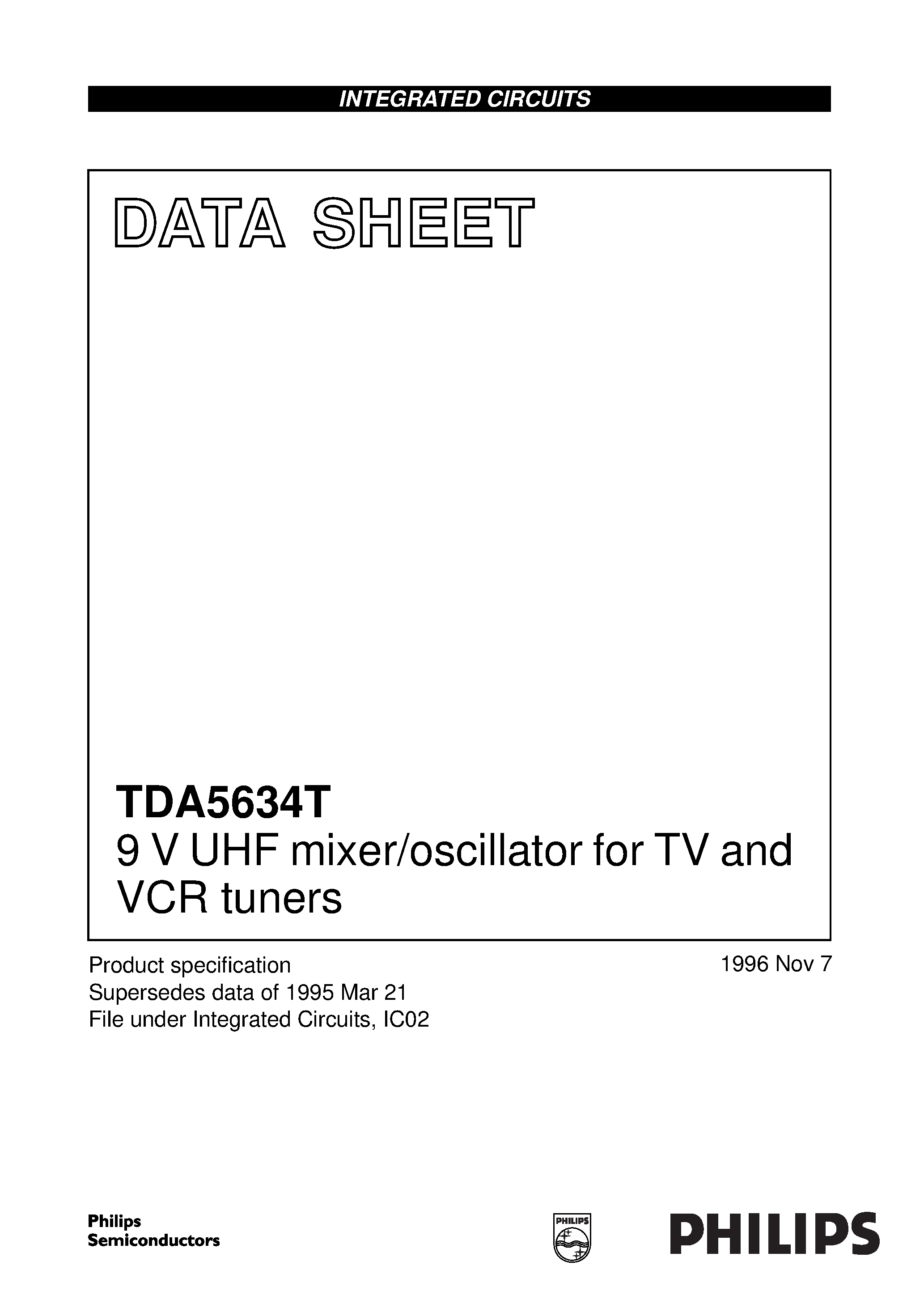 Даташит TDA5634T - 9 V UHF mixer/oscillator for TV and VCR tuners страница 1