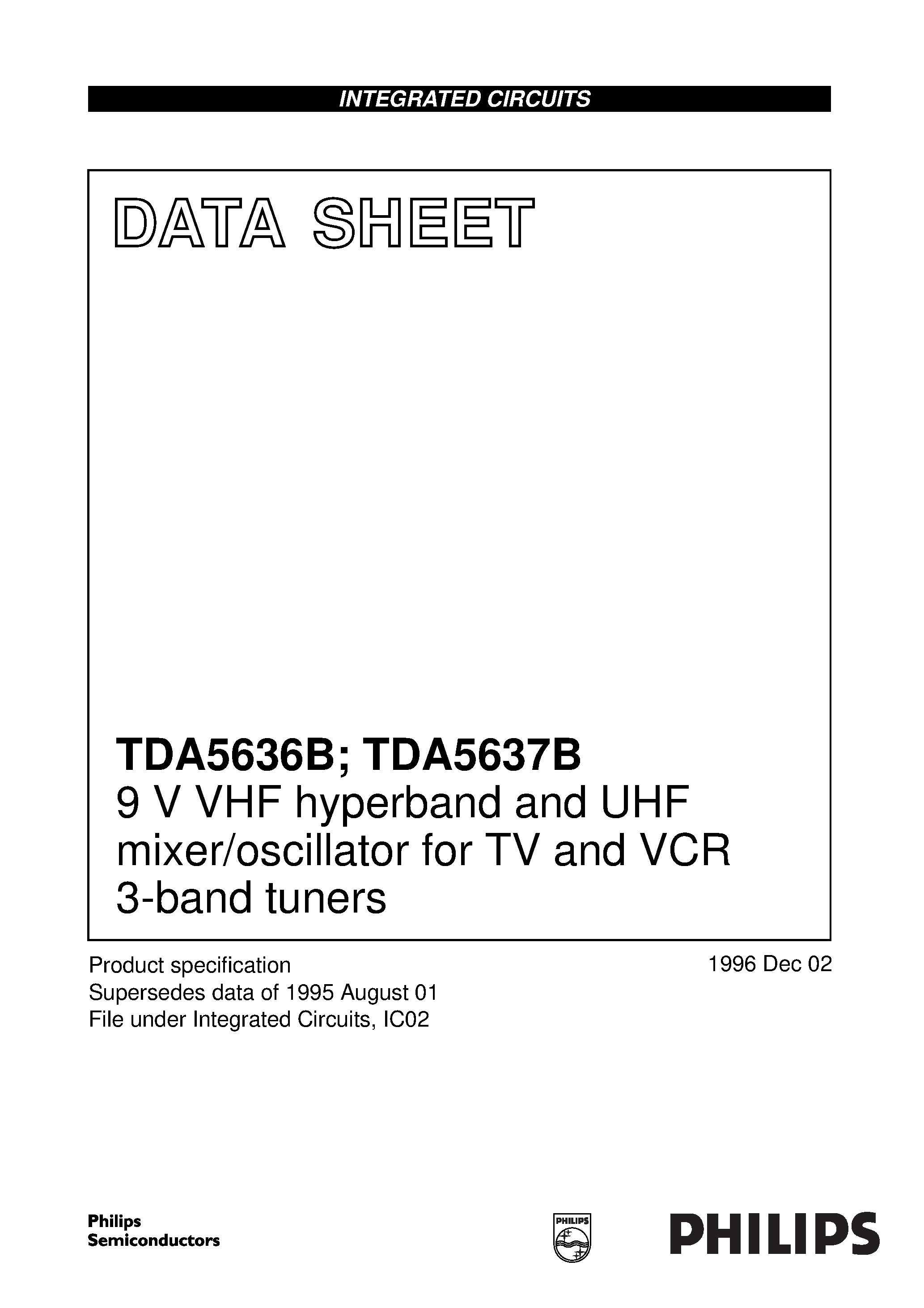 Datasheet TDA5637BT - 9 V VHF hyperband and UHF mixer/oscillator for TV and VCR 3-band tuners page 1