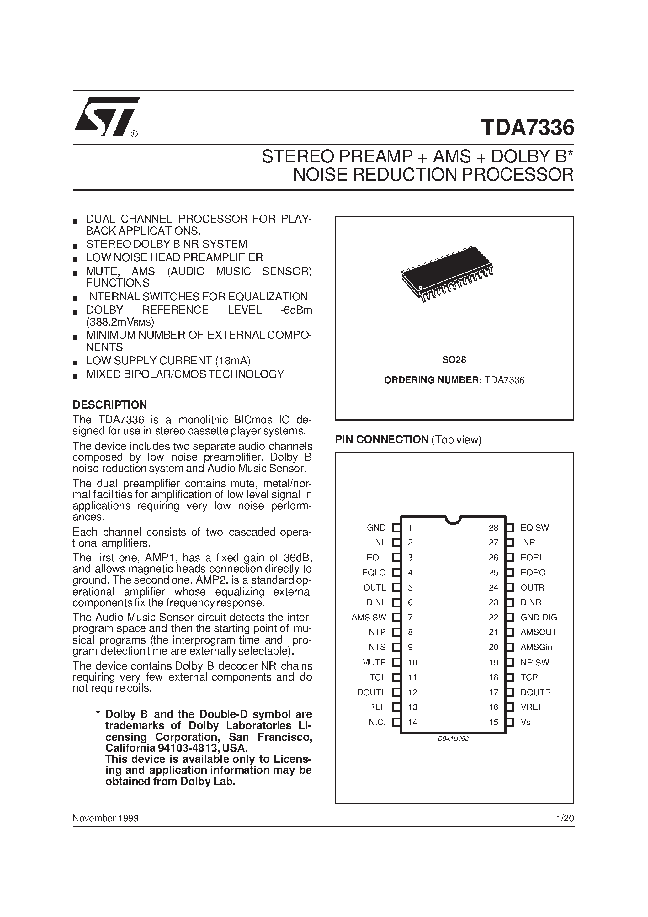 Datasheet TDA7336 - STEREO PREAMP+ AMS+ DOLBY B* NOISE REDUCTION PROCESSOR page 1