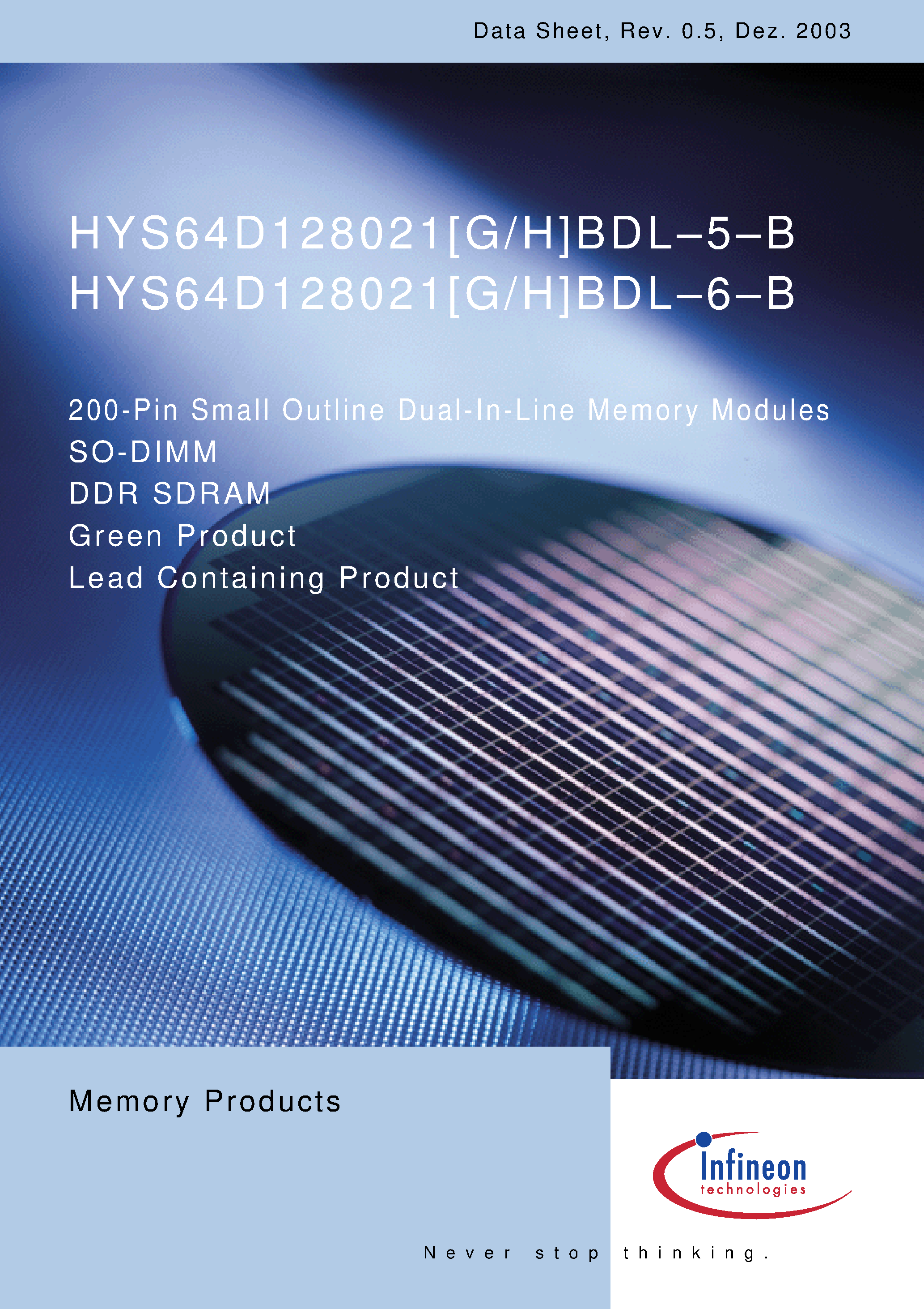 Даташит HYS64D128021GBDL-6-B - 200-Pin Small Outline Dual-In-Line Memory Modules страница 1