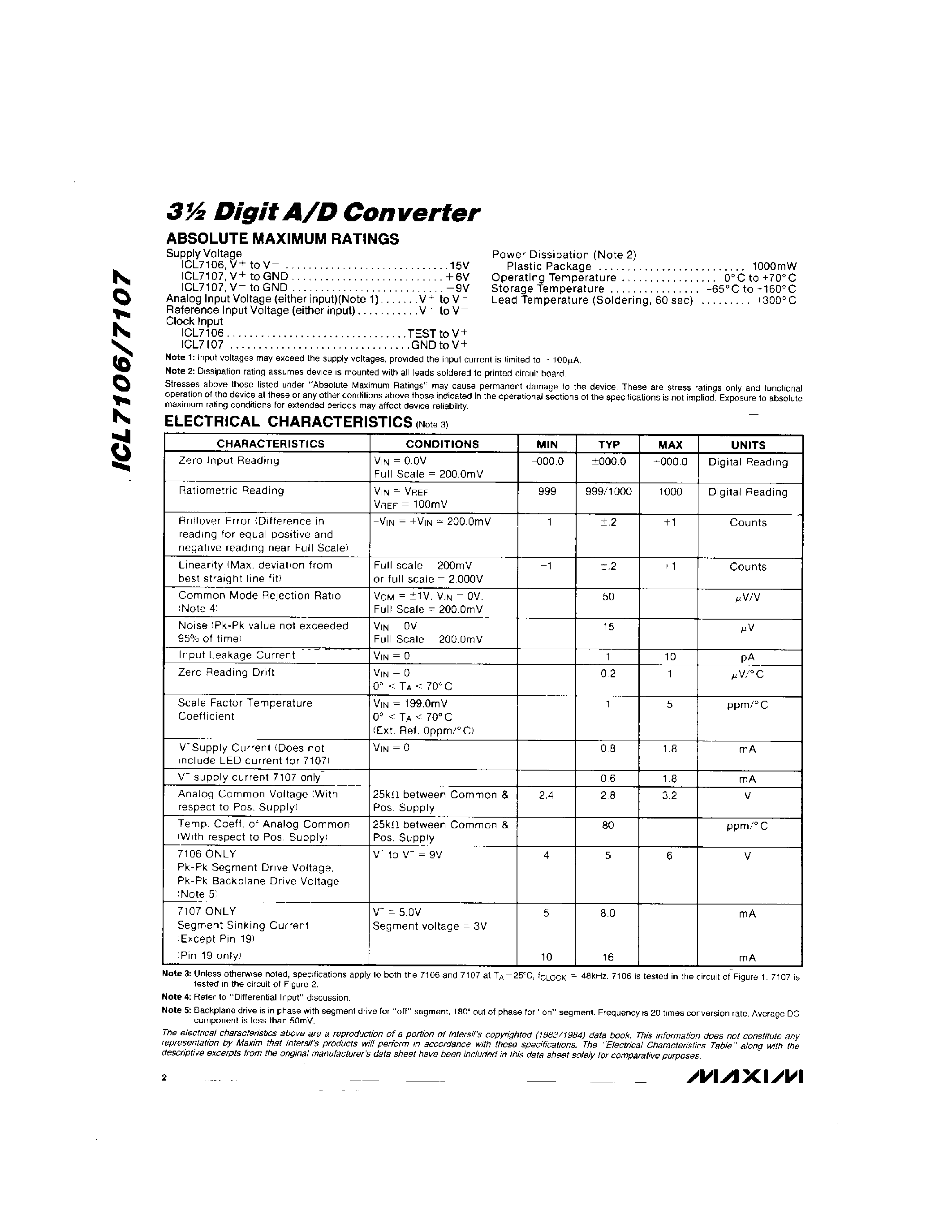 Datasheet ICL7107C/D - 3 Digit A/D Converter page 2