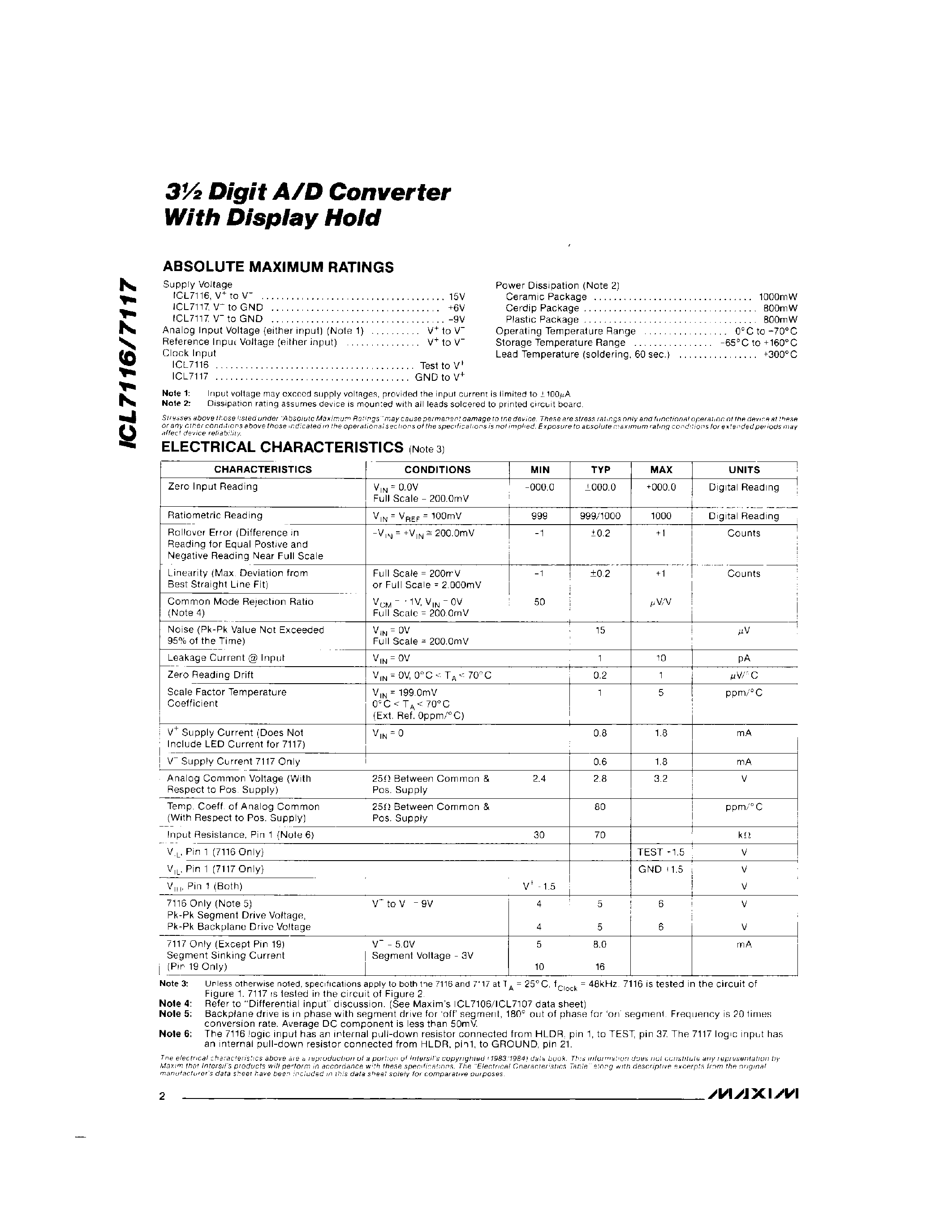 Datasheet ICL7117C/D - 3 Digit A/D Converter With Display Hold page 2
