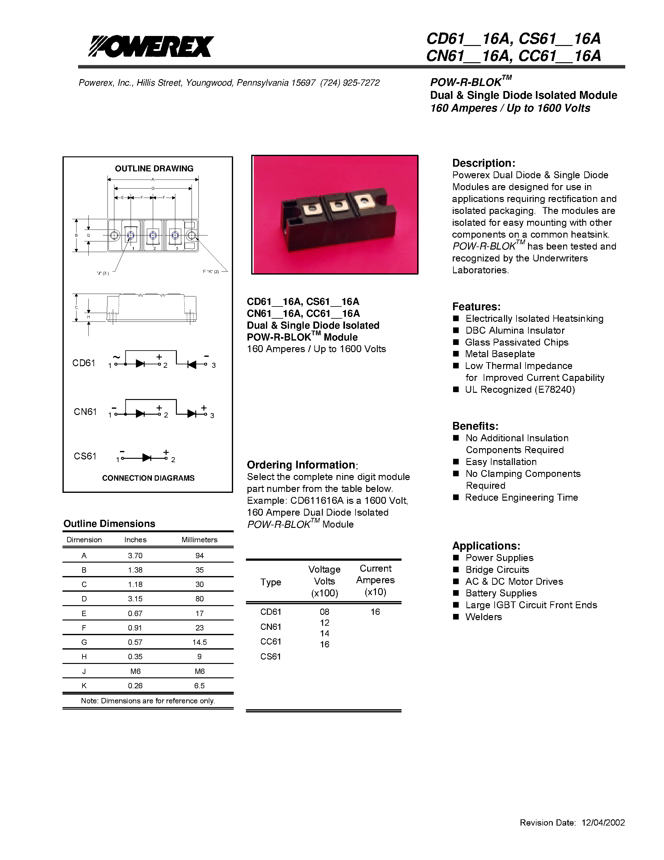 Datasheet CD611616 - POW-R-BLOK Dual & Single Diode Isolated Module 160 Amperes / Up to 1600 Volts page 1
