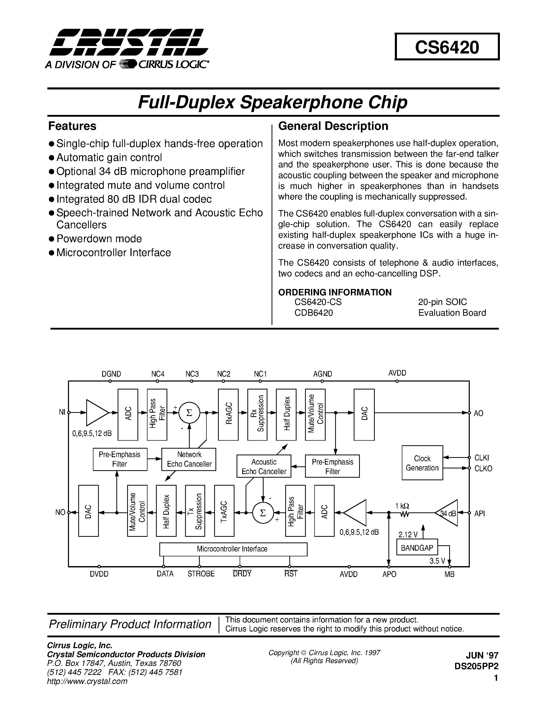 Даташит CD6420 - FULL DUPLEX SPEAKERPHONE CHIP страница 1