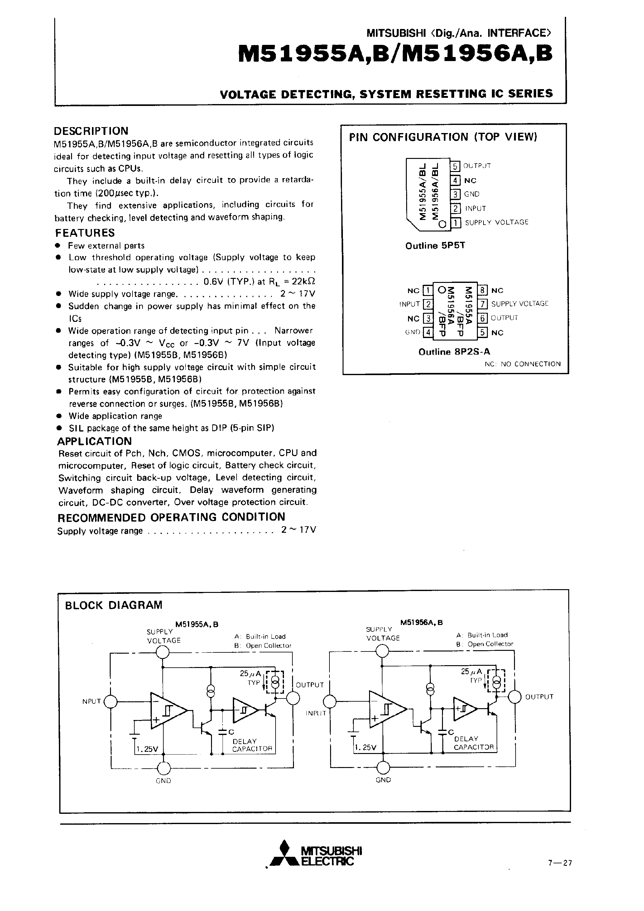 Datasheet M51956A - VOLTAGE DETECTING/ SYSTEM RESETTING IC SERIES page 1