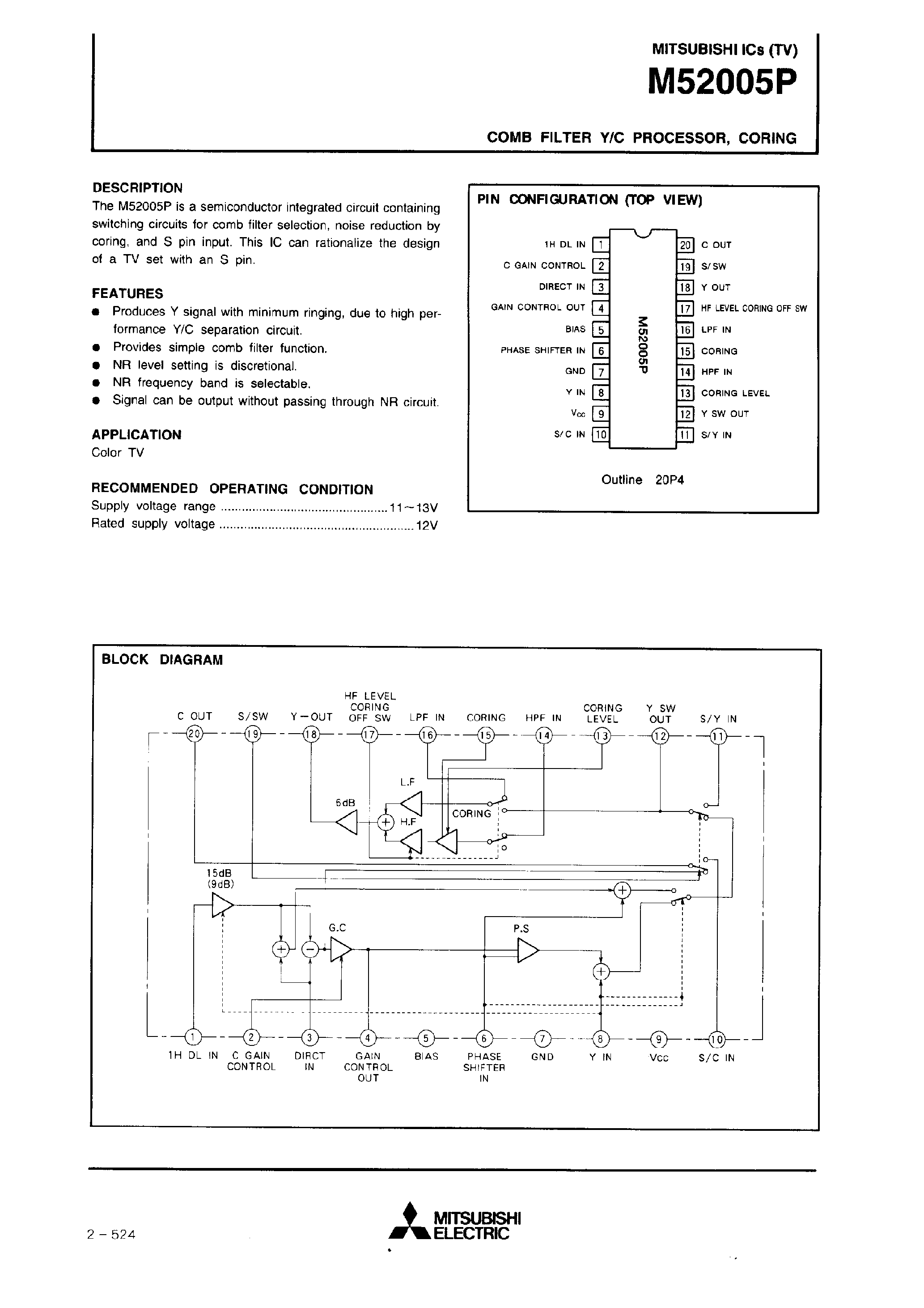 Datasheet M52005P - COMB FILTER Y/C PROCESSOR/CORING page 1