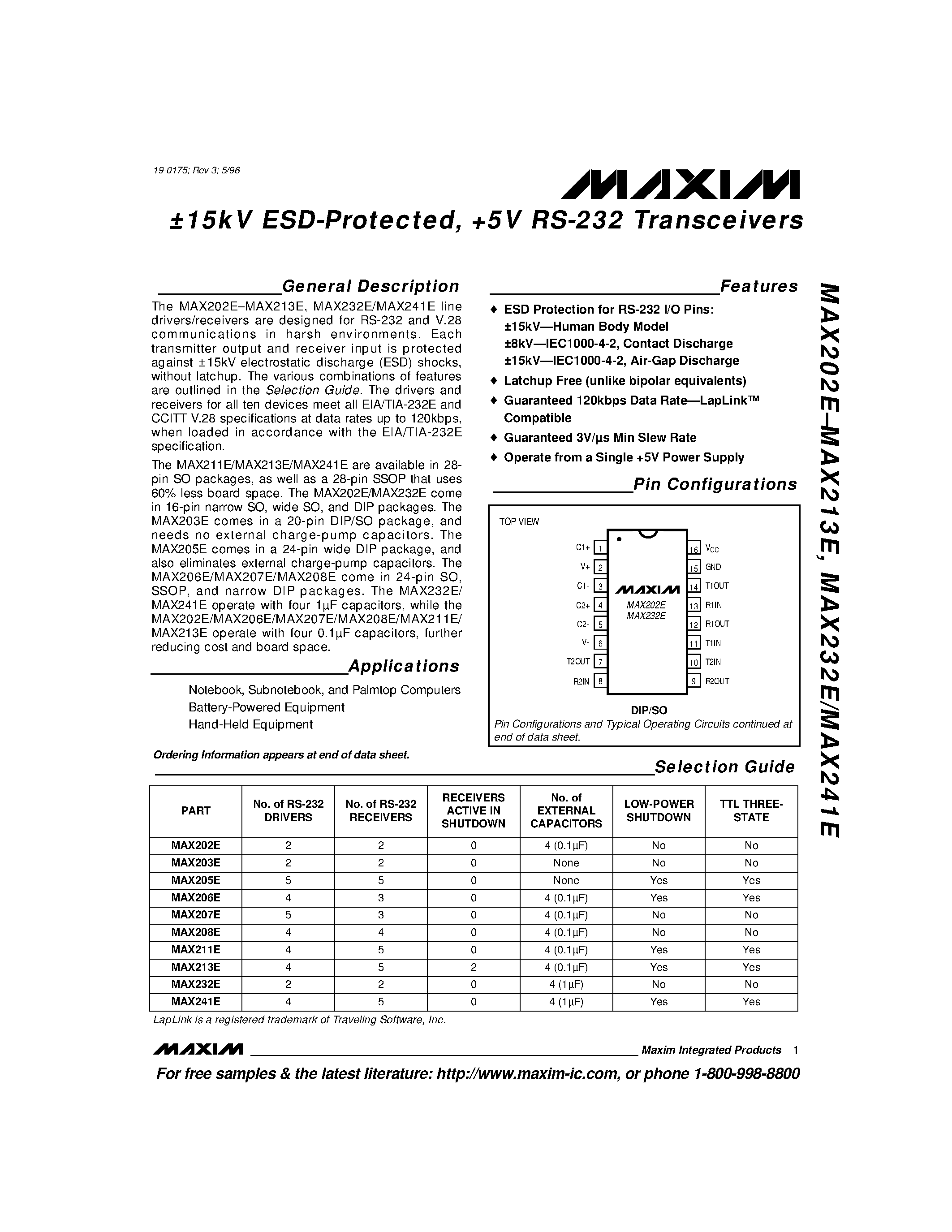 Даташит MAX232 - +5V-Powered/ Multichannel RS-232 Drivers/Receivers страница 1