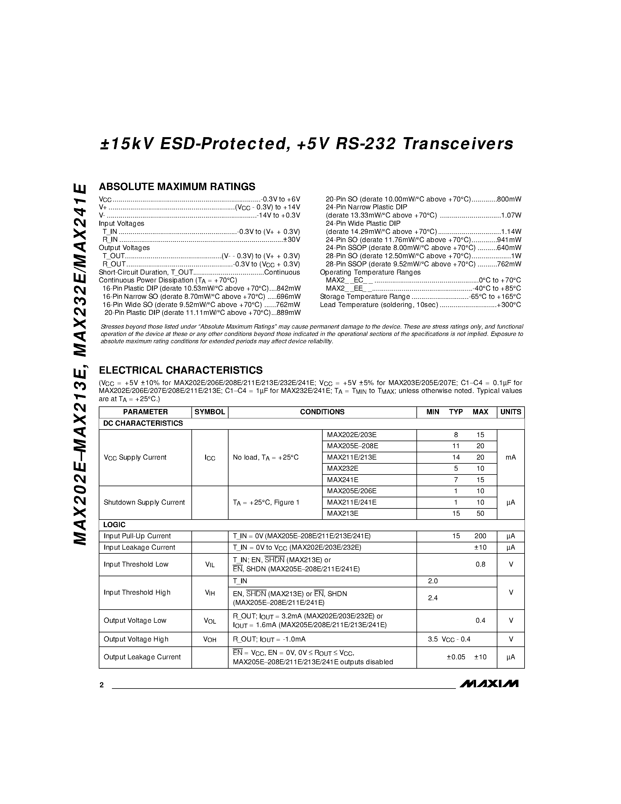Datasheet MAX232 - +5V-Powered/ Multichannel RS-232 Drivers/Receivers page 2