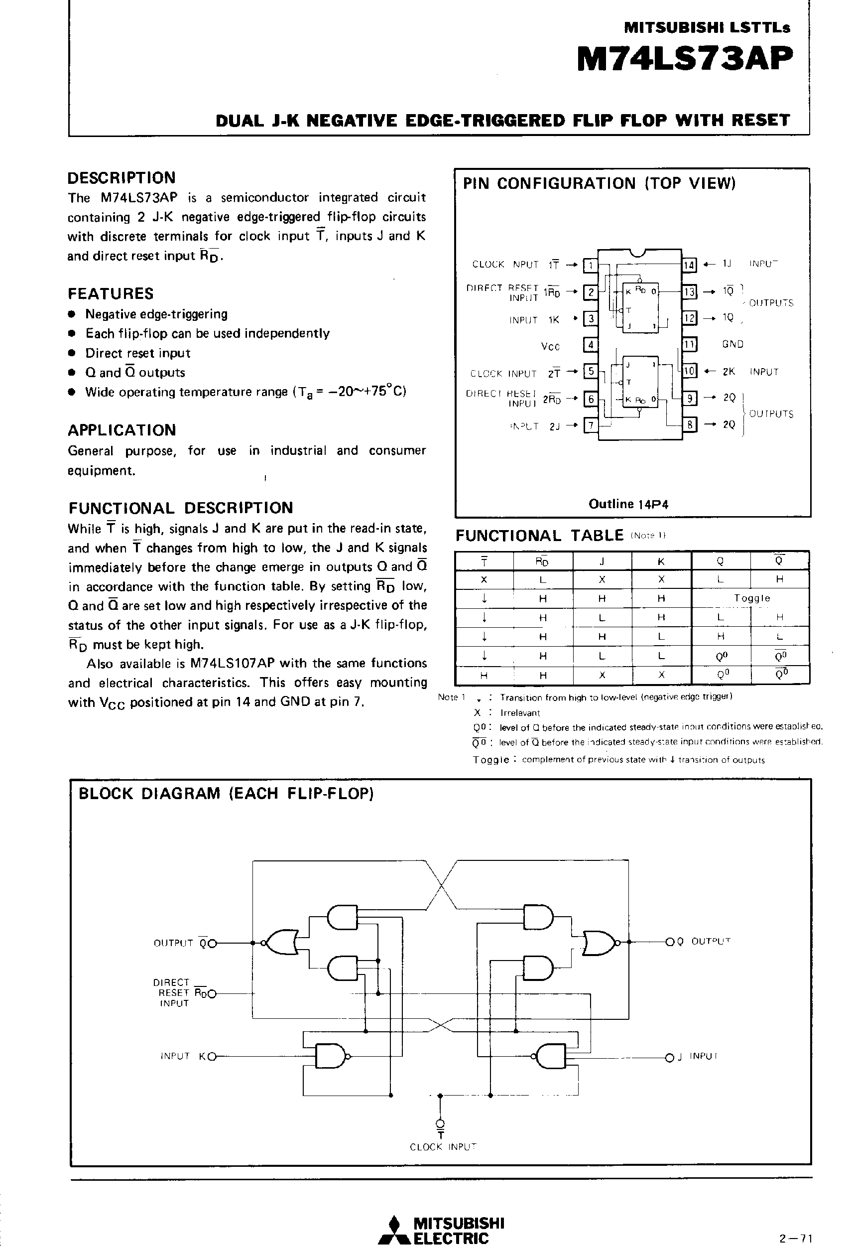 Datasheet M74LS73AP - Dual J-K Negative Edge-Triggered Flip Flop with Reset page 1