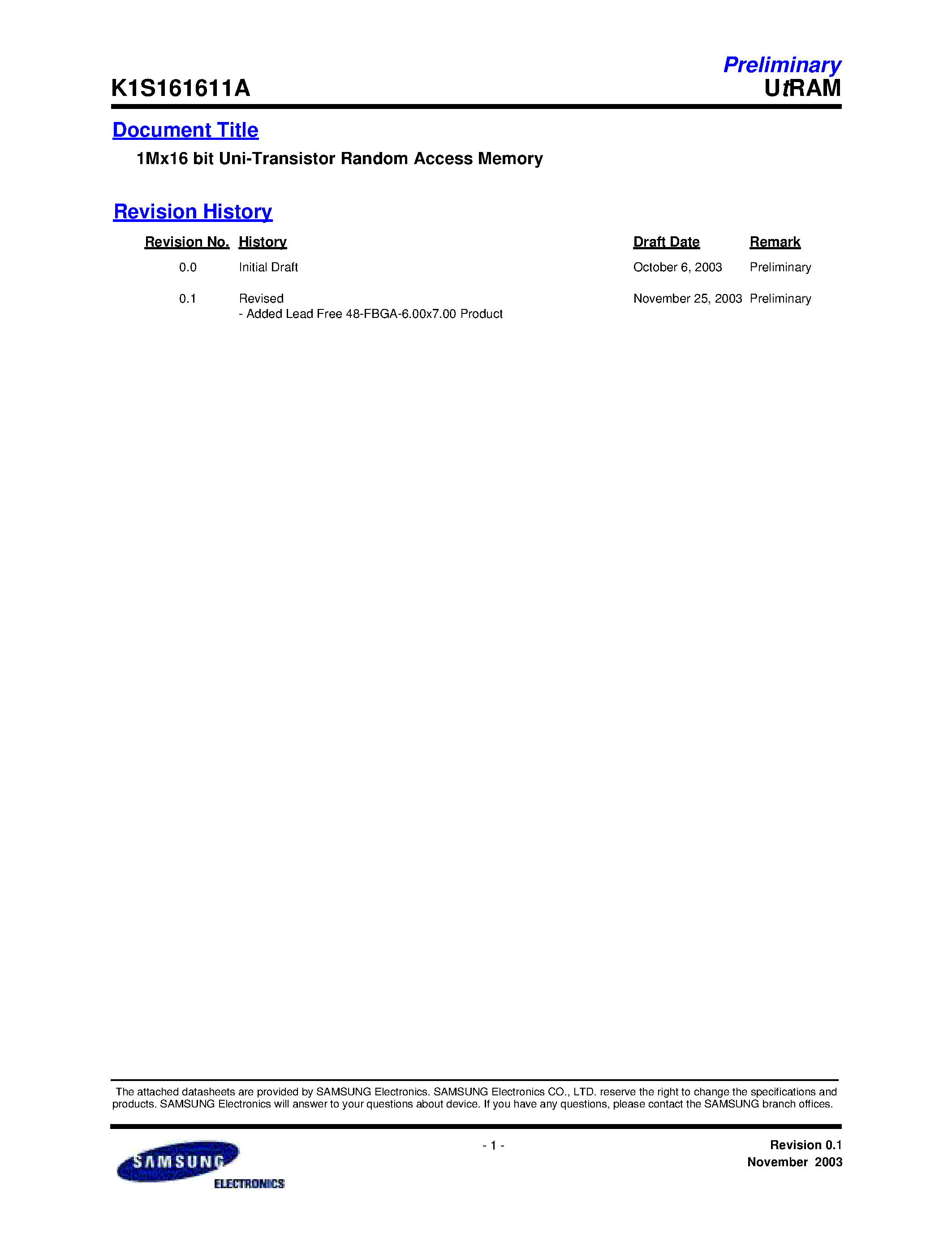 Datasheet K1S161611A-I - 1Mx16 bit Uni-Transistor Random Access Memory page 1