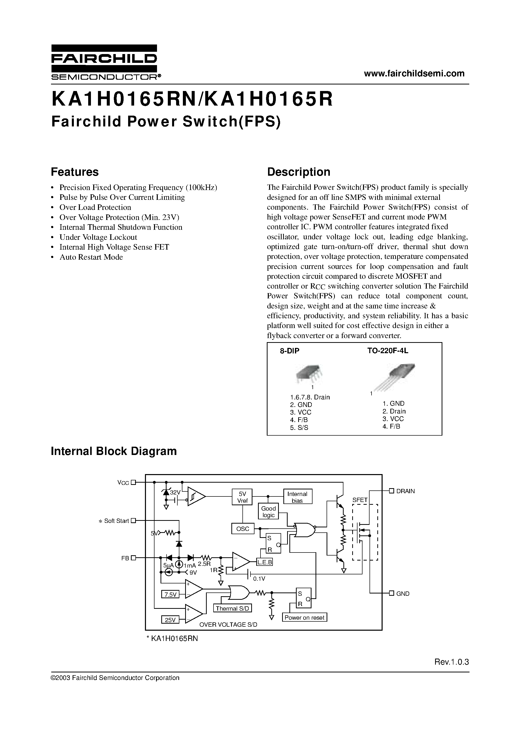 Даташит KA1H0165RN - Fairchild Power Switch(FPS) страница 1