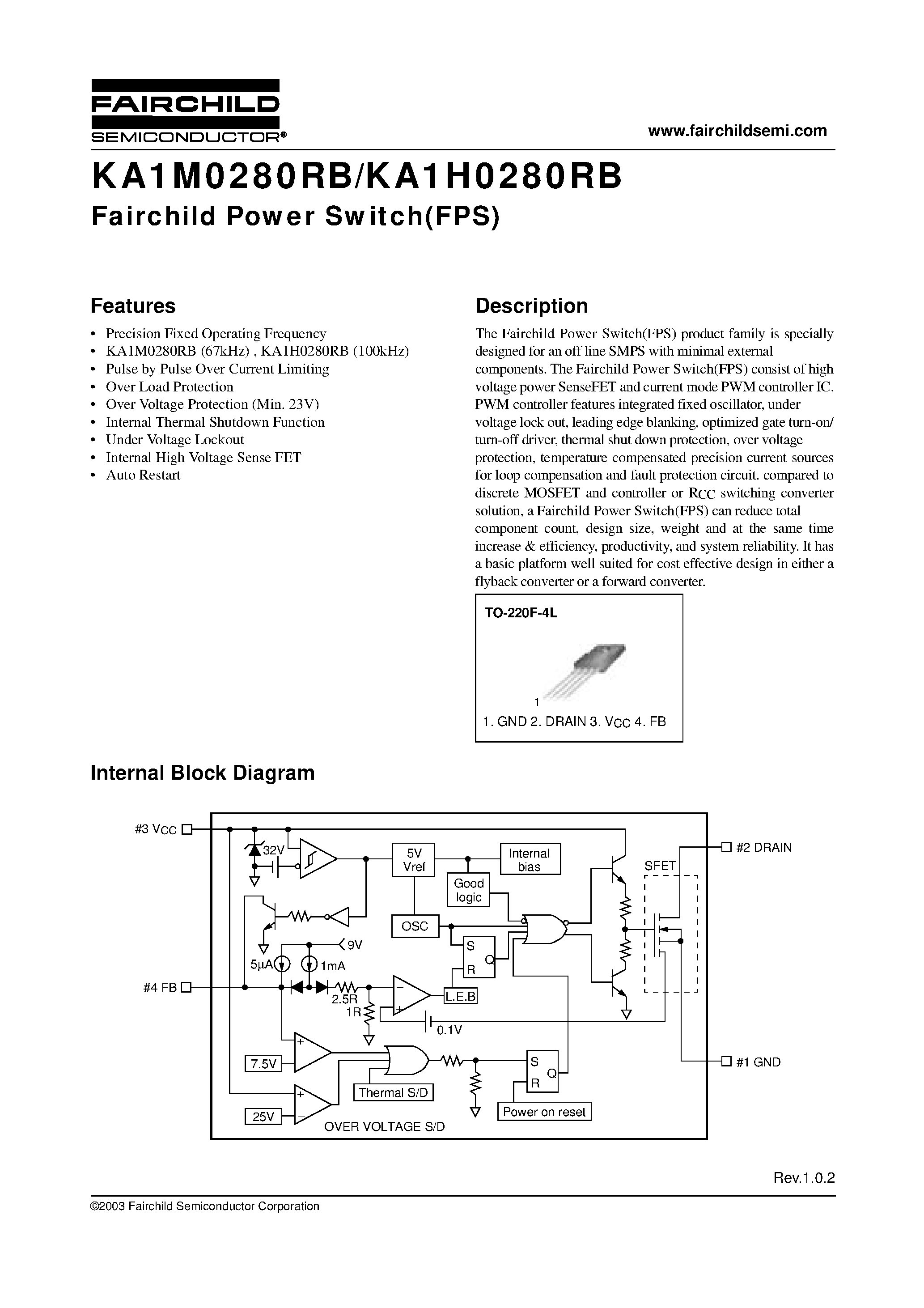 Даташит KA1H0280RB-TU - Fairchild Power Switch(FPS) страница 1