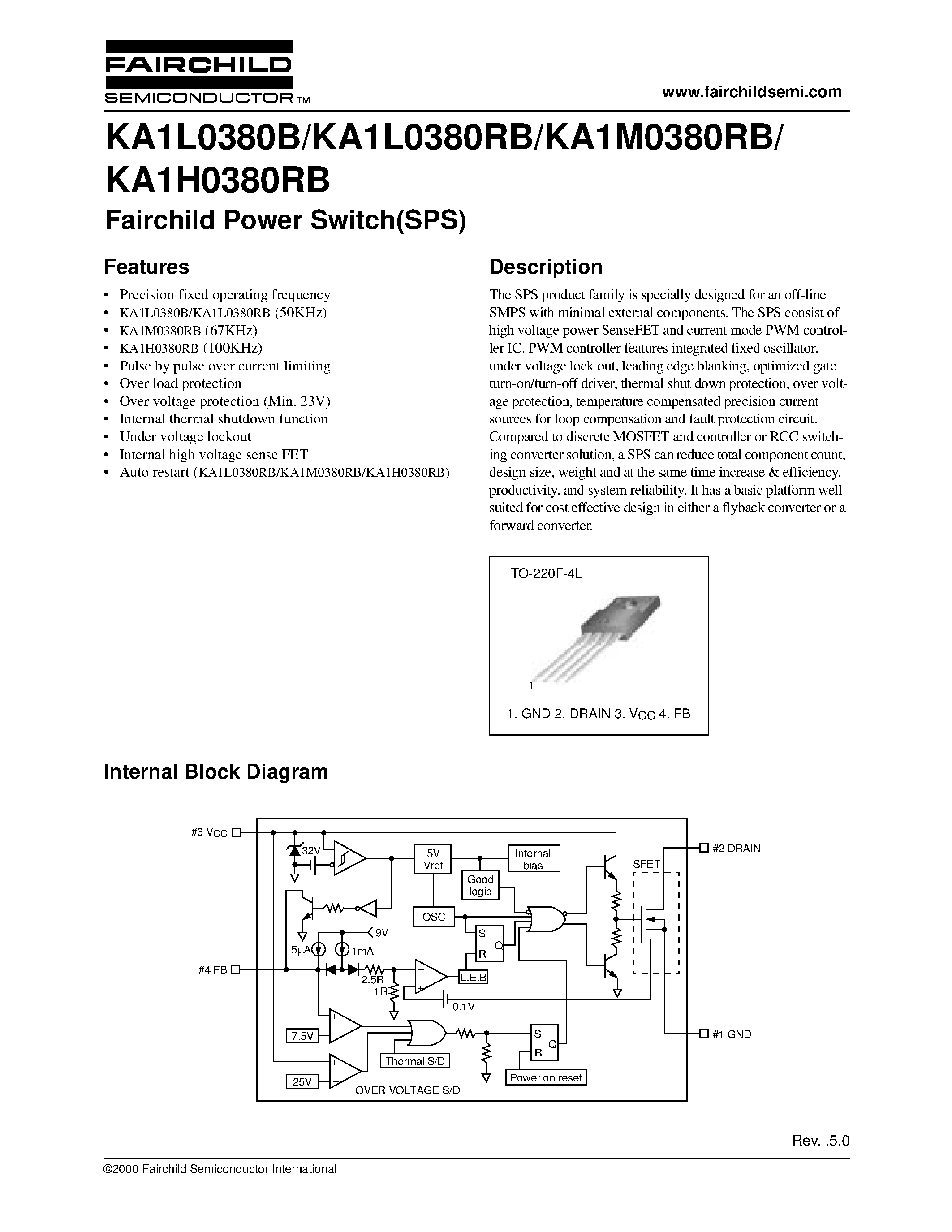 Даташит KA1H0380RB - Fairchild Power Switch(SPS) страница 1