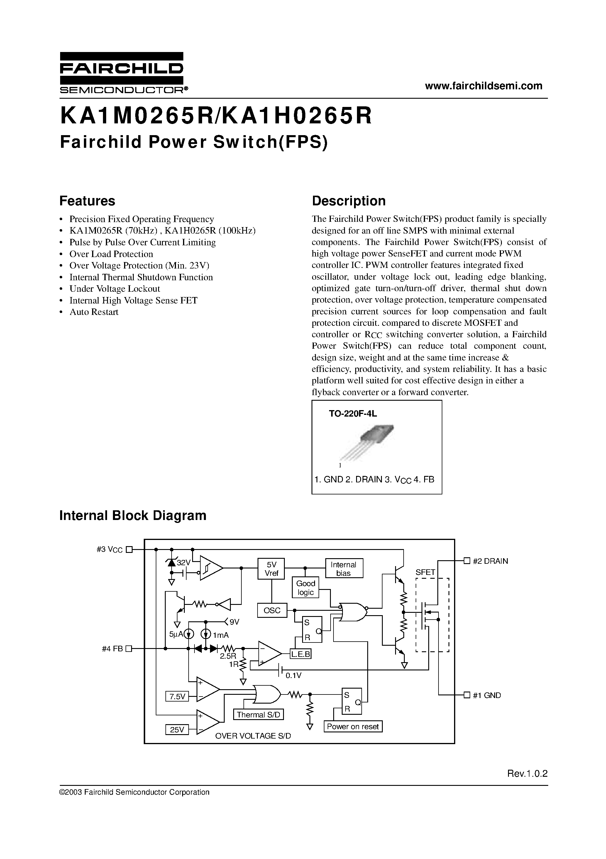 Datasheet KA1M0265R-YDTU - Fairchild Power Switch(FPS) page 1