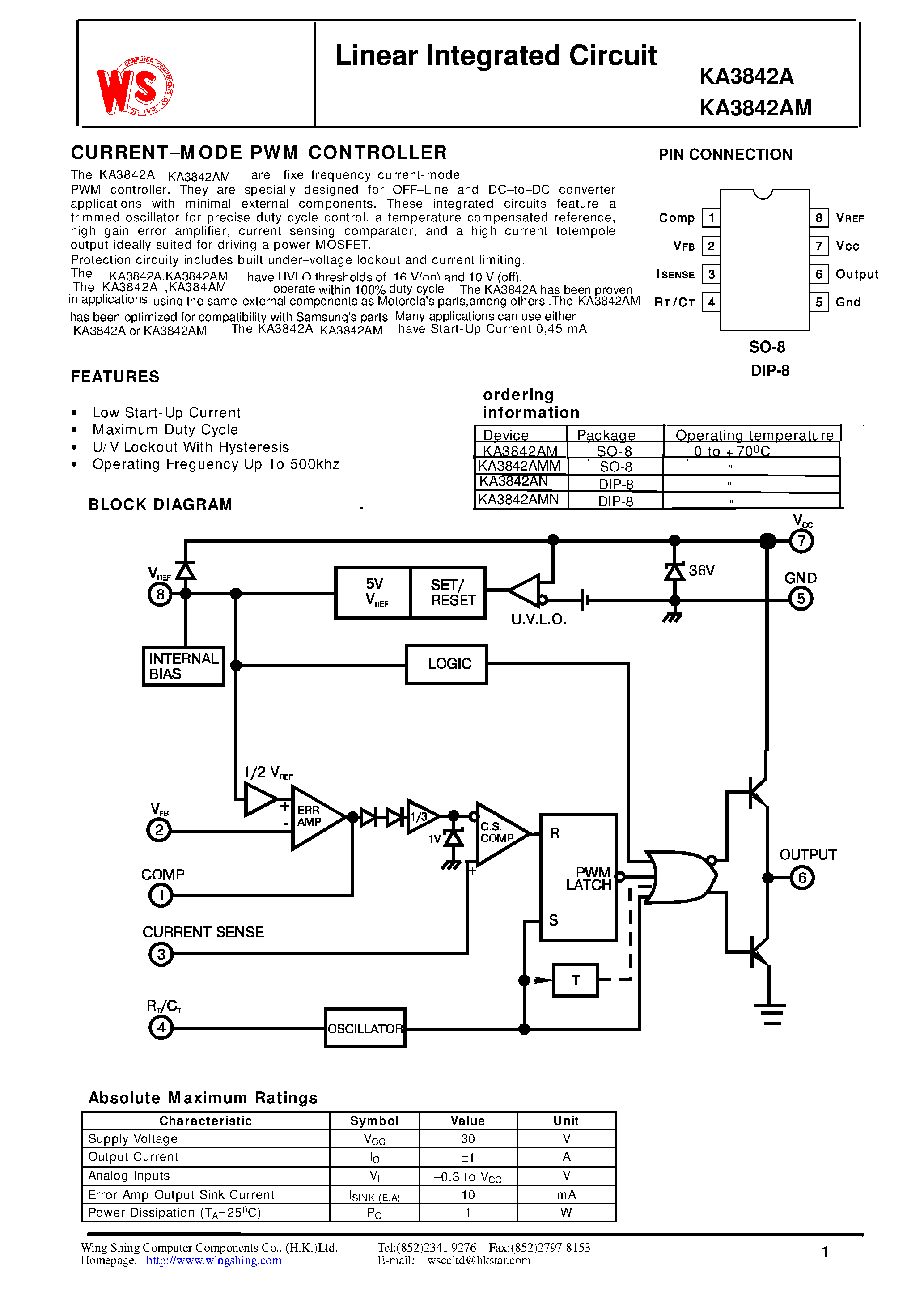 Datasheet KA3842A - Linear Integrated Circuit(CURRENT-MODE PWM CONTROLLER) page 1