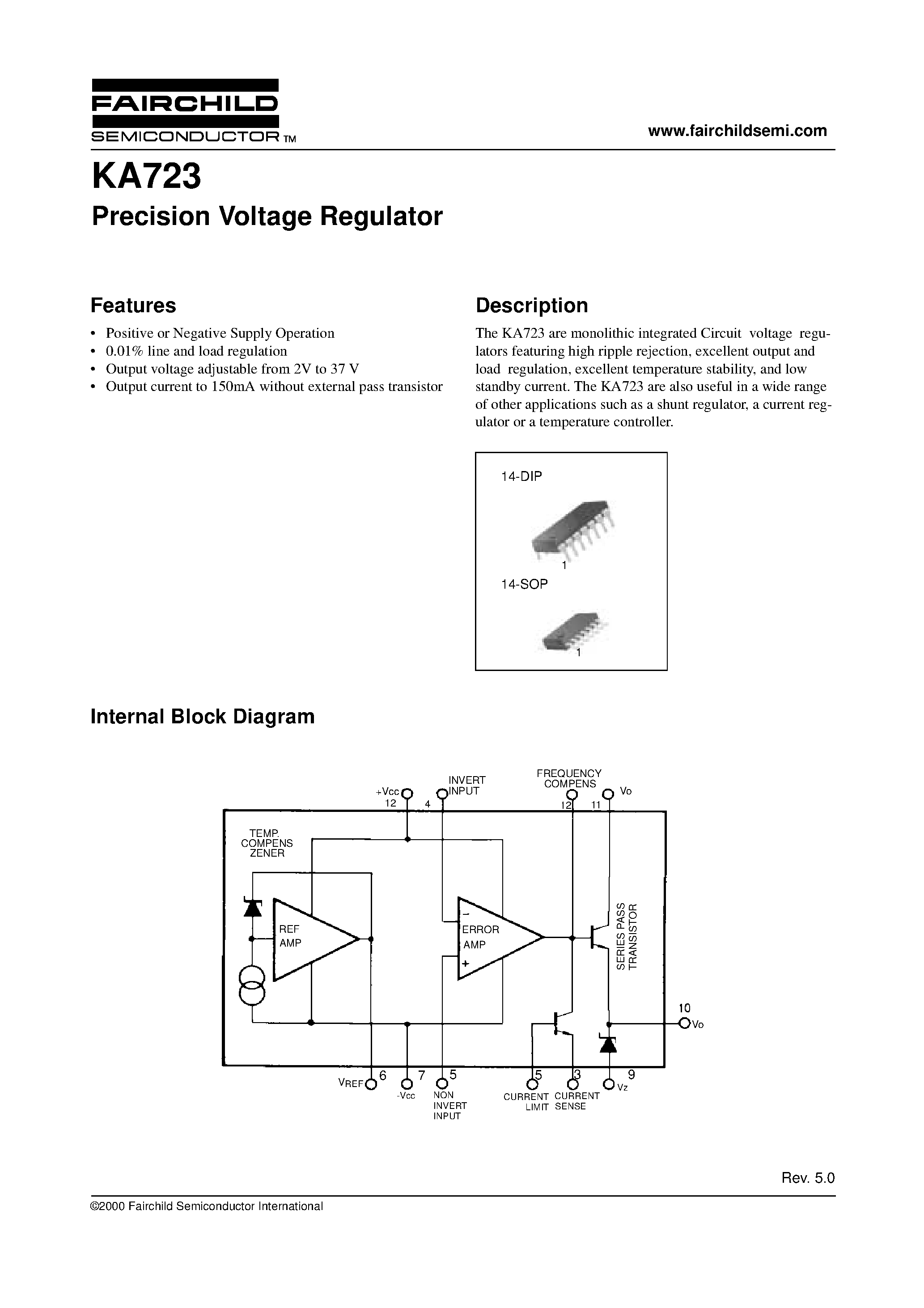 Datasheet KA723 - Precision Voltage Regulator page 1