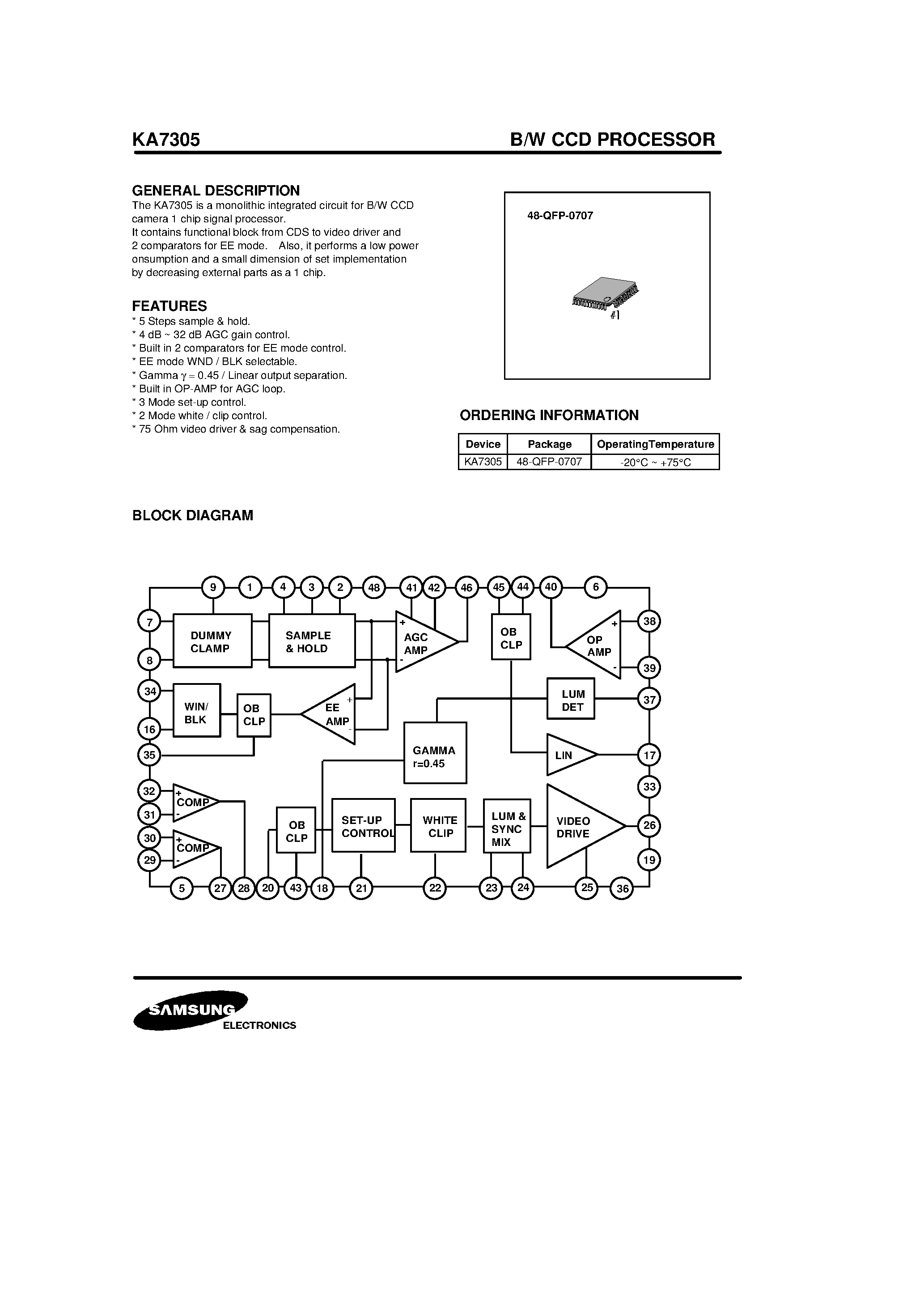 Datasheet KA7305 - B/W CCD PROCESSOR page 1