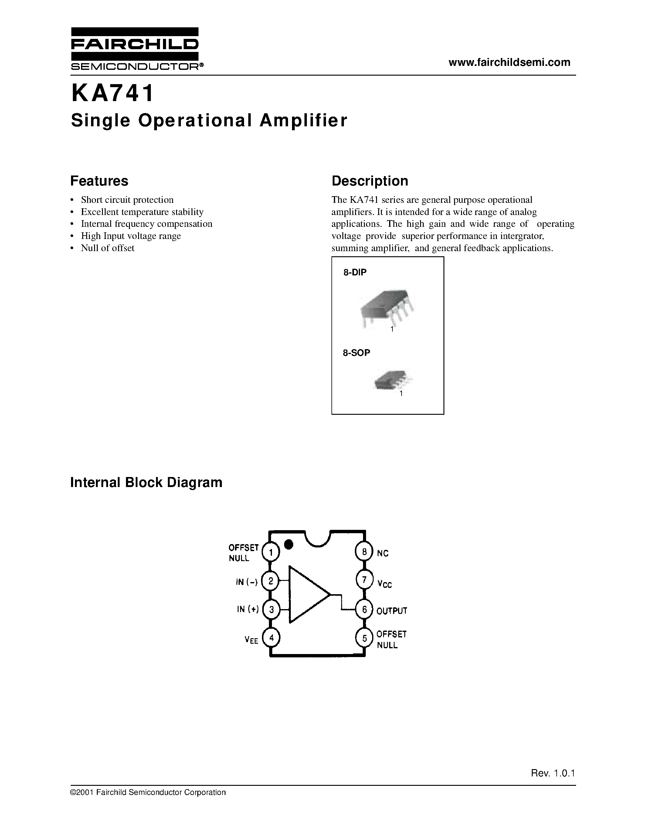 Даташит KA741 - Single Operational Amplifier страница 1