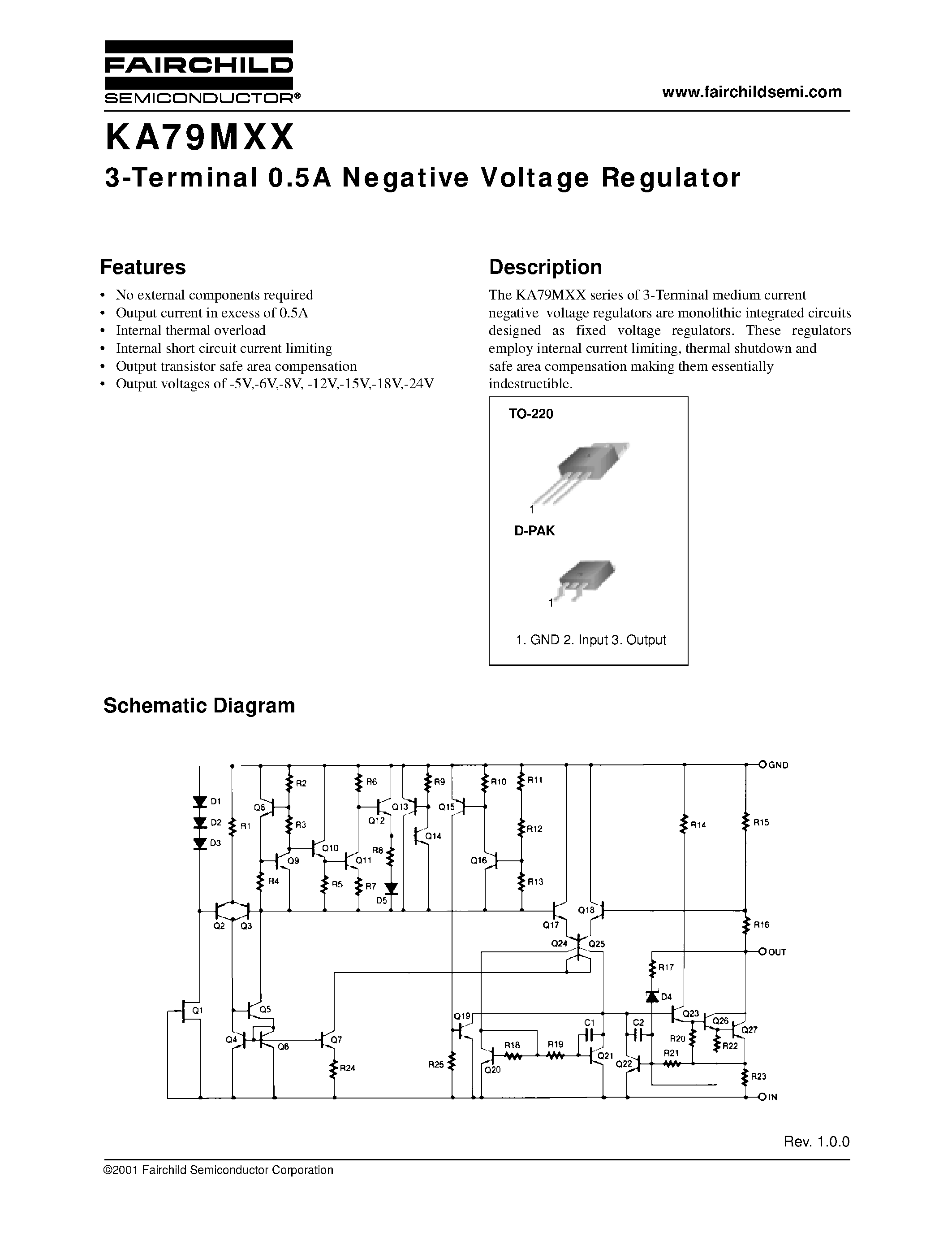 Даташит KA79M05 - 3-Terminal 0.5A Negative Voltage Regulator страница 1