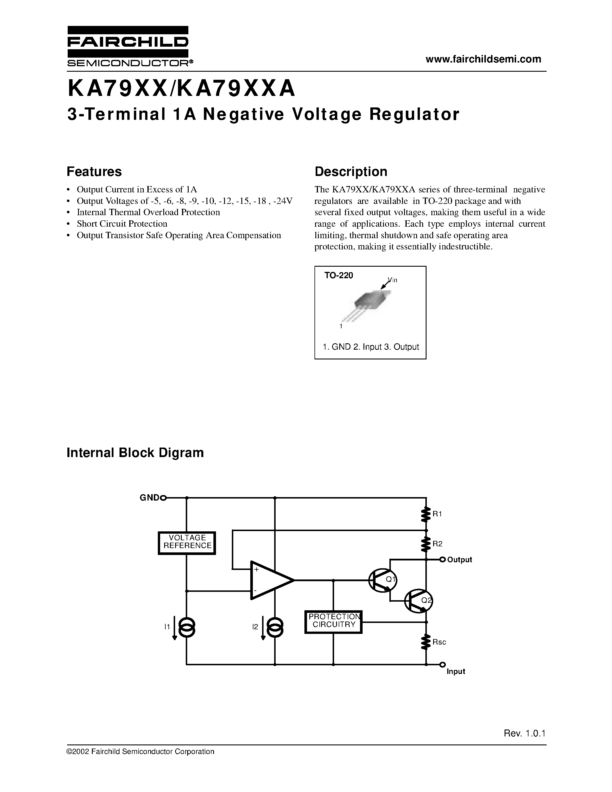 Datasheet KA79XX - 3-Terminal 1A Negative Voltage Regulator page 1