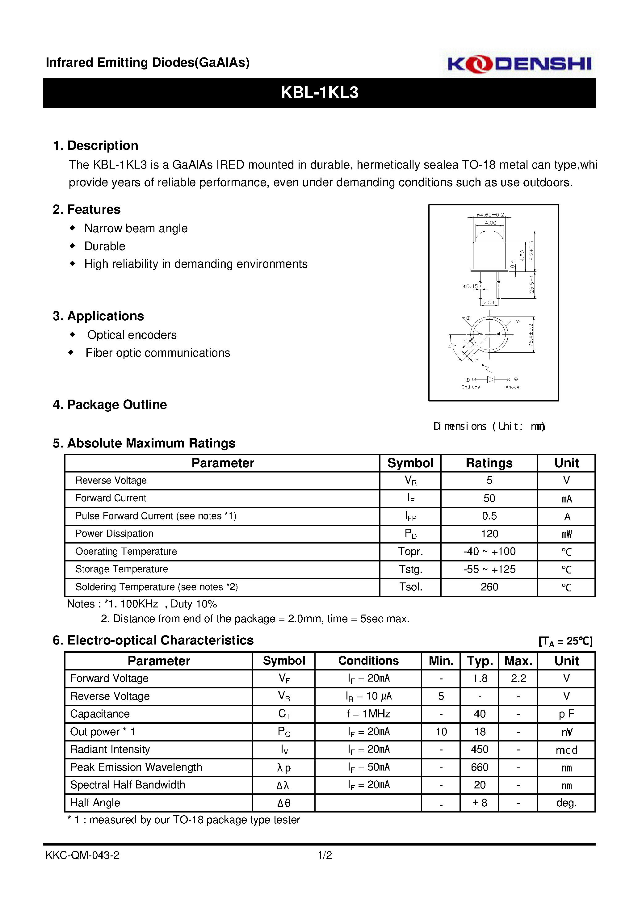 Datasheet KBL-1KL3 - Infrared Emitting Diodes(GaAIAs) page 1